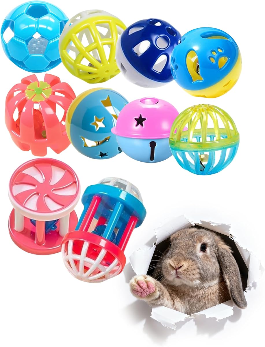 10 Pack Multi-Shape Plastic Rolling Play Balls for Bunnies | Varied Molded Plastic Shapes, Built-In Sound Core Inserts, Fully Polished Border Edges, Injection Molded PP Material