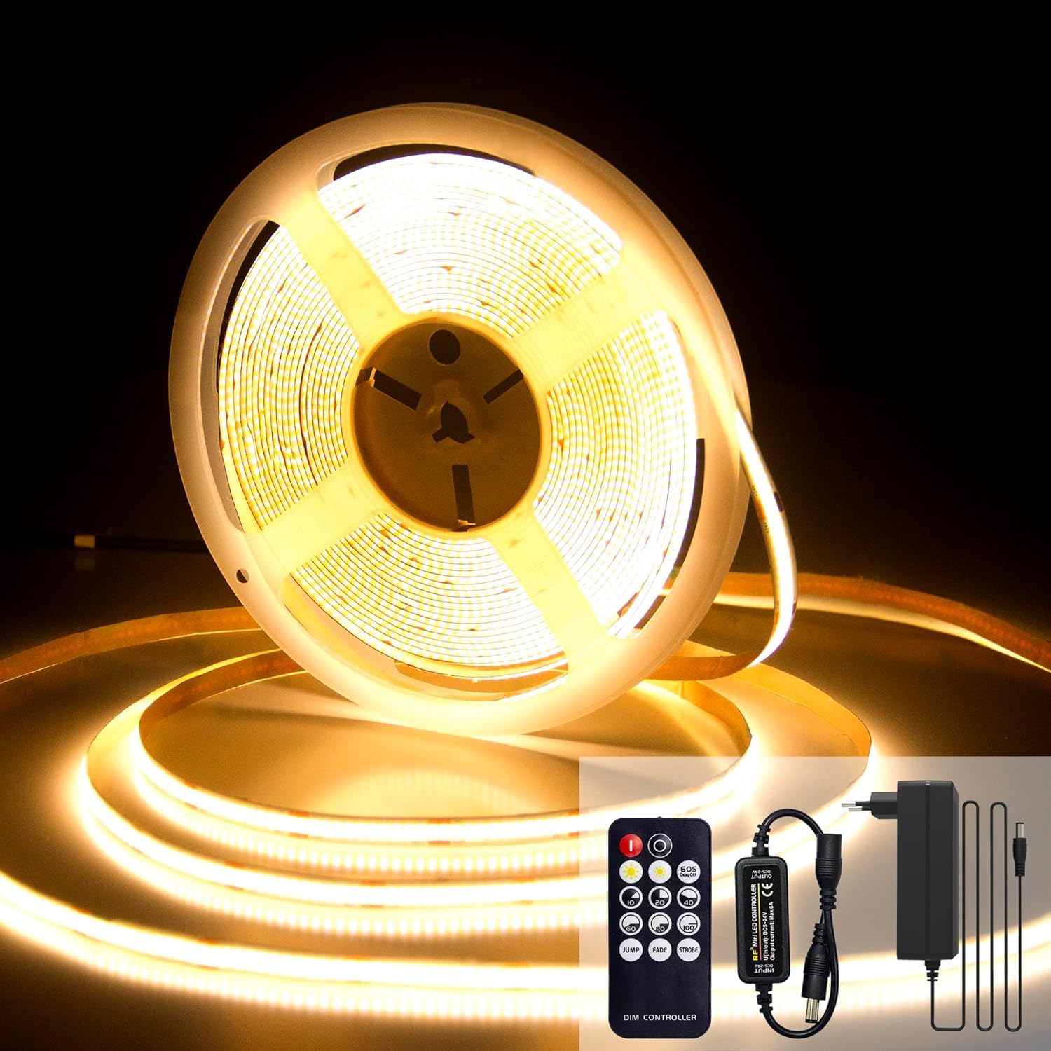 Tira LED COB 10M, 2700K Tira LED Blanca Calido, 24V Tira de luces LED Regulables, CRI92, 8 mm de Ancho, con Control Remoto y Fuente de Alimentación para Decoración Hogar, Cocina, Espejo