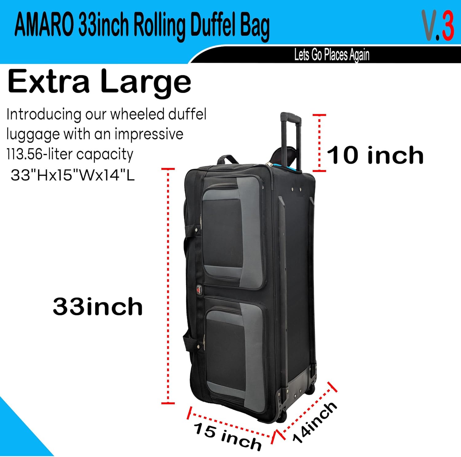33" Rolling Duffle Bag with Wheels and Handle - Multiple Compartments/Compression Straps With Buckles Balck/Gray trim Large - Image 6