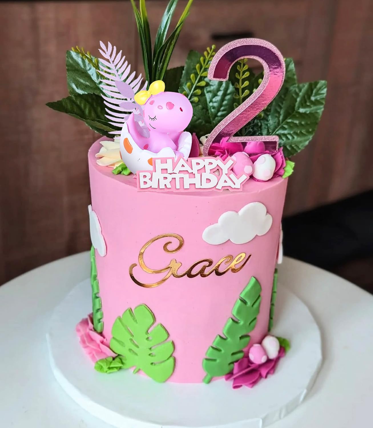 Little Dino Birthday Cake Decoration Dinosaur Egg Cake Topper Little Dinosaur Birthday Party Supplies Three Rex Cake Decoration (Pink)