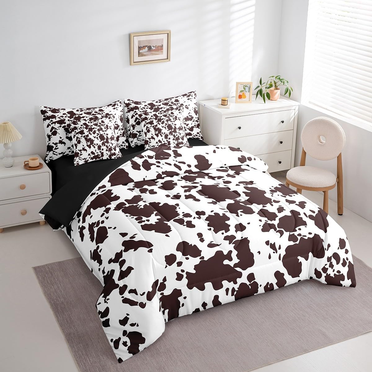 Erosebridal 7 Pcs Highland Milk Cow Bed in a Bag Queen Comforter Set,Kids Cartoon Brown Cow Print Brown Sheet Set,Western Cowhide Bedding with Comforter,Bull Cattle Rustic Farmhouse Quilt Cover - Image 3