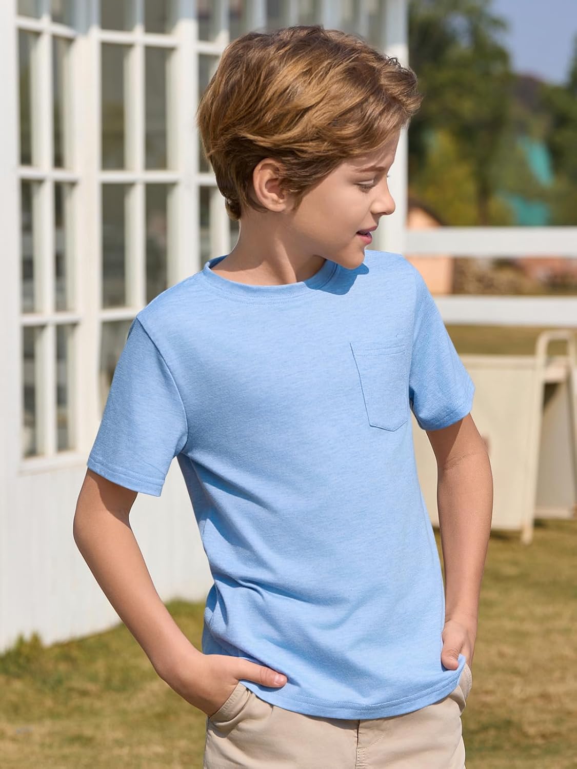 Haloumoning Boys T Shirts Kids Short Sleeve Pocket Shirt Crewneck Summer Basic Tee Tops 5-14 Years - Image 2