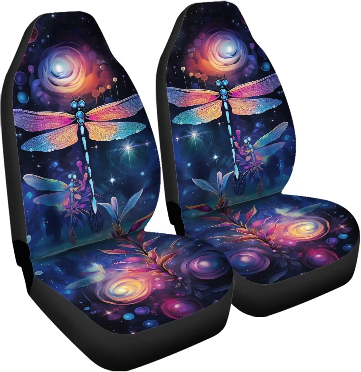 Universal Bucket Seats Cover Protector, 2 PCS Pink Dragonfly Floral Galaxy Printed Waterproof Durable Auto Interior Accessory for Car Truck SUV