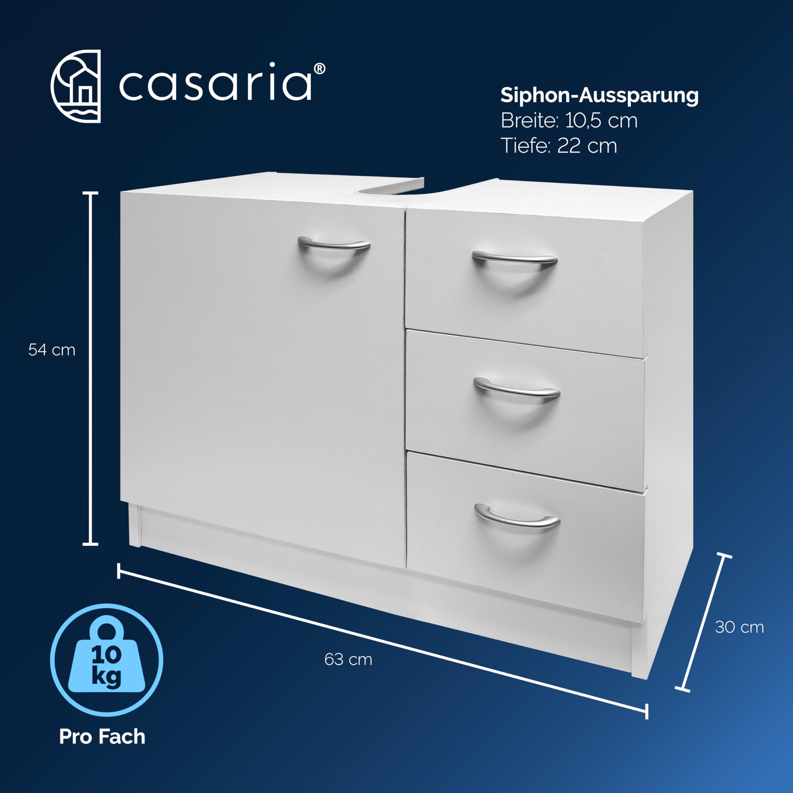 Casaria® Waschbeckenunterschrank mit 3 Schubladen Holz Weiß Waschbecken Unterschrank 63x30x54cm Bad Waschtischunterschrank Schmal Stehend Badezimmer
