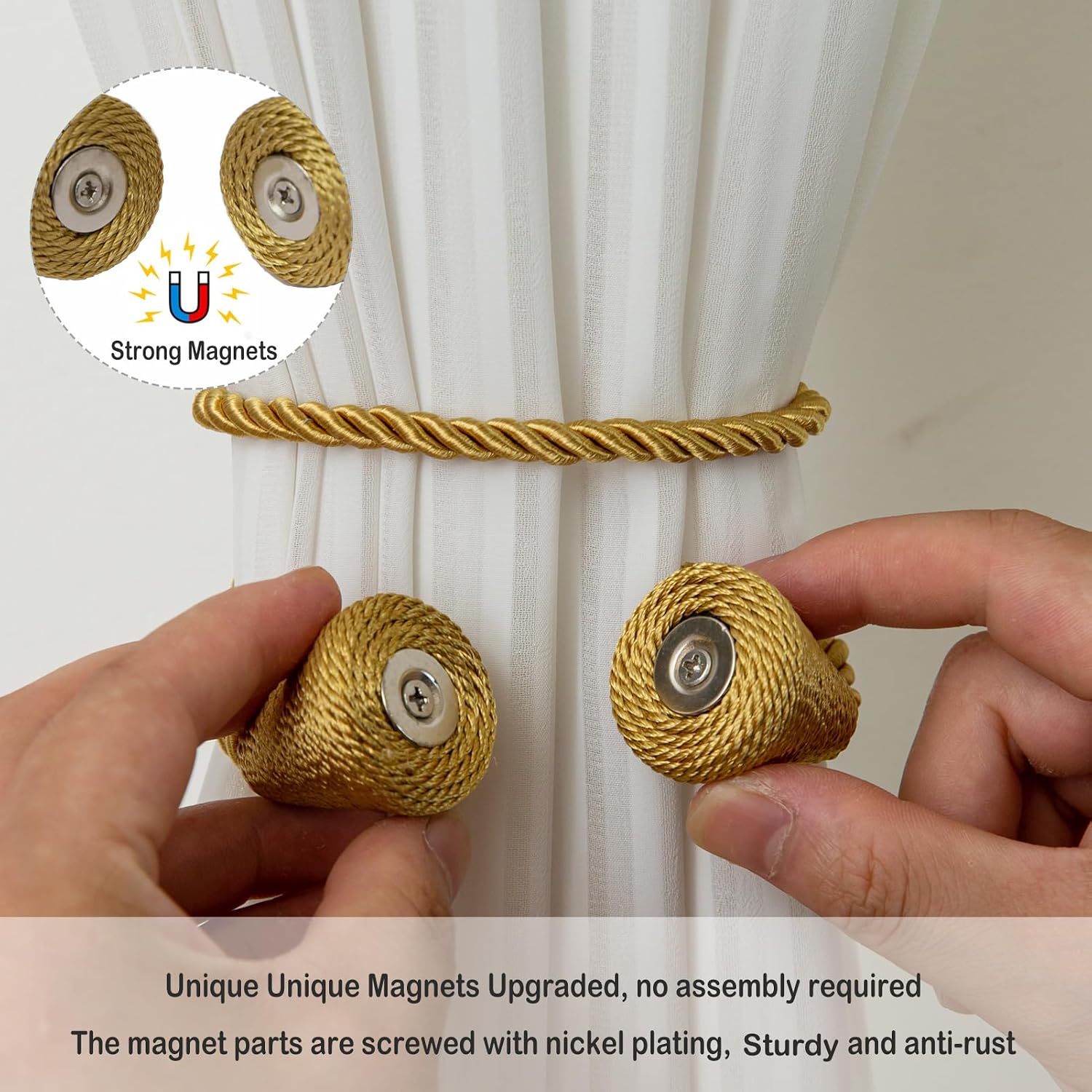 Magnetic Curtain Tiebacks 8 Pack Outdoor Rope Curtain Tie Backs Decorative Window Treatment Holdbacks for Home Decorative Curtain, Gold