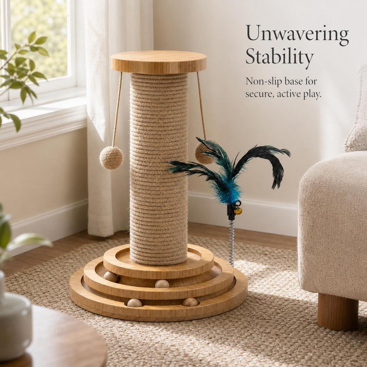 Albero per Gatti con Tiragraffi Sisal e Gioco, in Fibra Vegetale e Legno, per la casa, Quattro in uno tiragraffi per gatti
