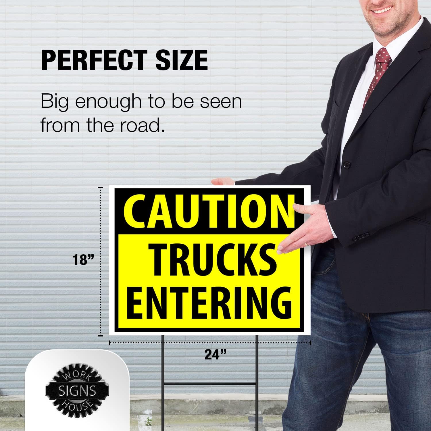 CAUTION TRUCKS ENTERING YELLOW - Double Sided Yard Sign ROAD SIGN with Stand