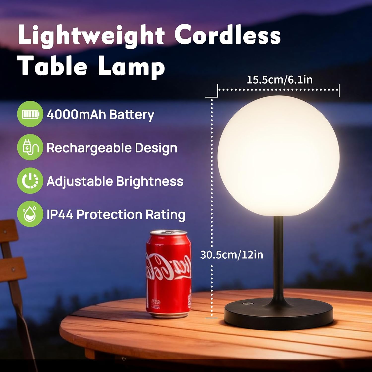 Cordless Table Lamp, Waterproof 4000mAh Rechargeable Shower Lamp, Small Touch Light for Outdoor Indoor Bedroom Bathroom Camping Patio with Spherical Lampshade - Black