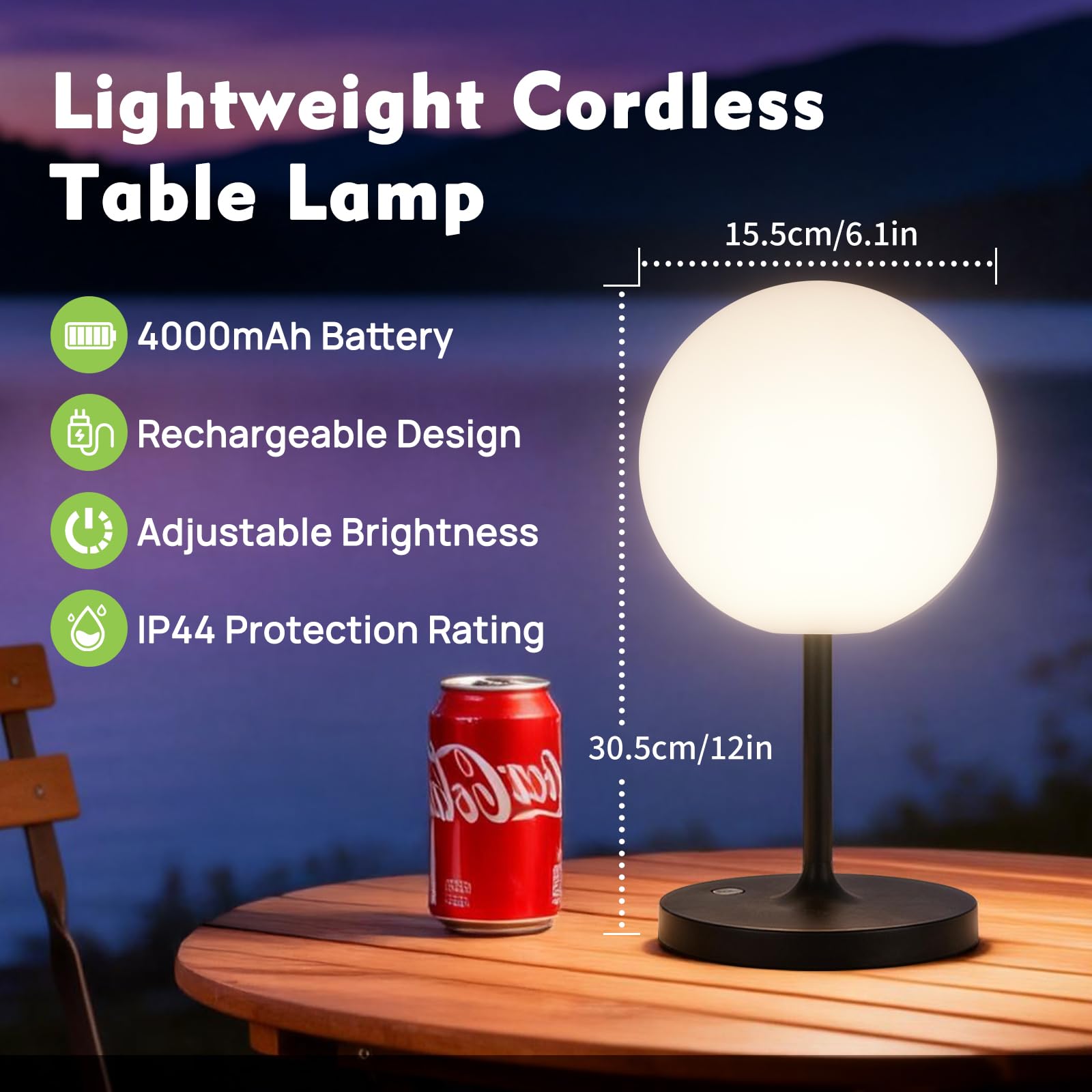 Tischlampe Kabellos，Dimmbar Nachttischlampe Touch，Akku Tischleuchte Kabellos，LED Tischlampe mit kugelförmigem Lampenschirm, geeignet für Schlafzimmer Wohnzimmer und Außenbereich – Schwarz