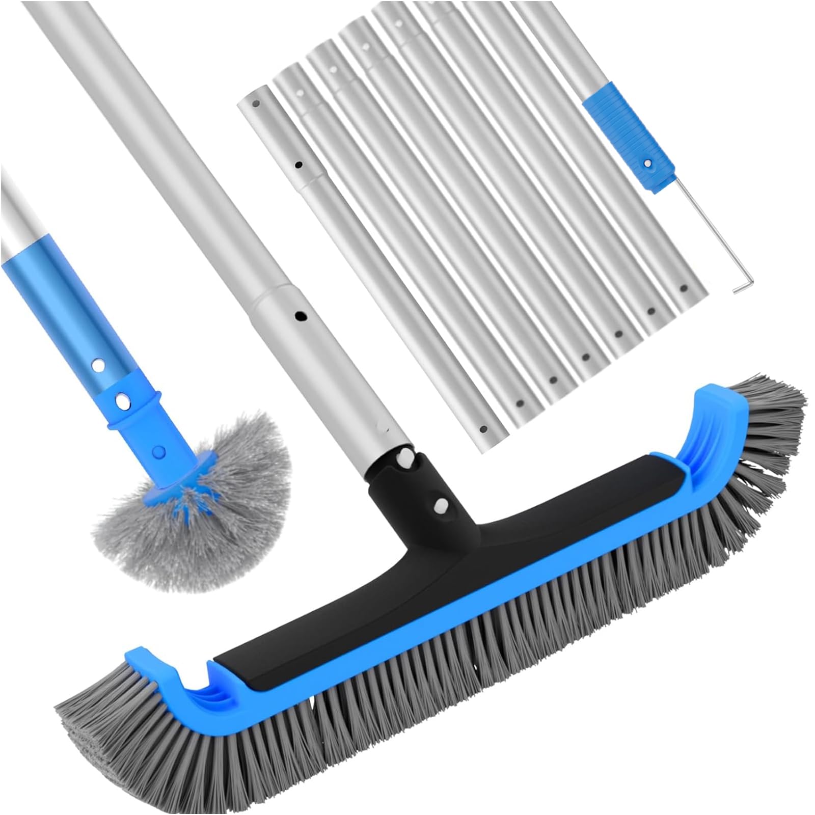 TidyMister Pool Brush with Poles, Heavy Duty, Blue, Nylon Bristles, Aluminium, 17.5’’, Safe for Vinyl Liner