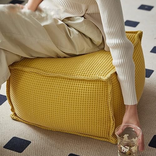 Miniatura 6 de SXBCyan Taburete otomano de 100 % algodón puro con relleno cuadrado, puf de esquina, reposapiés, futón (color blanco)