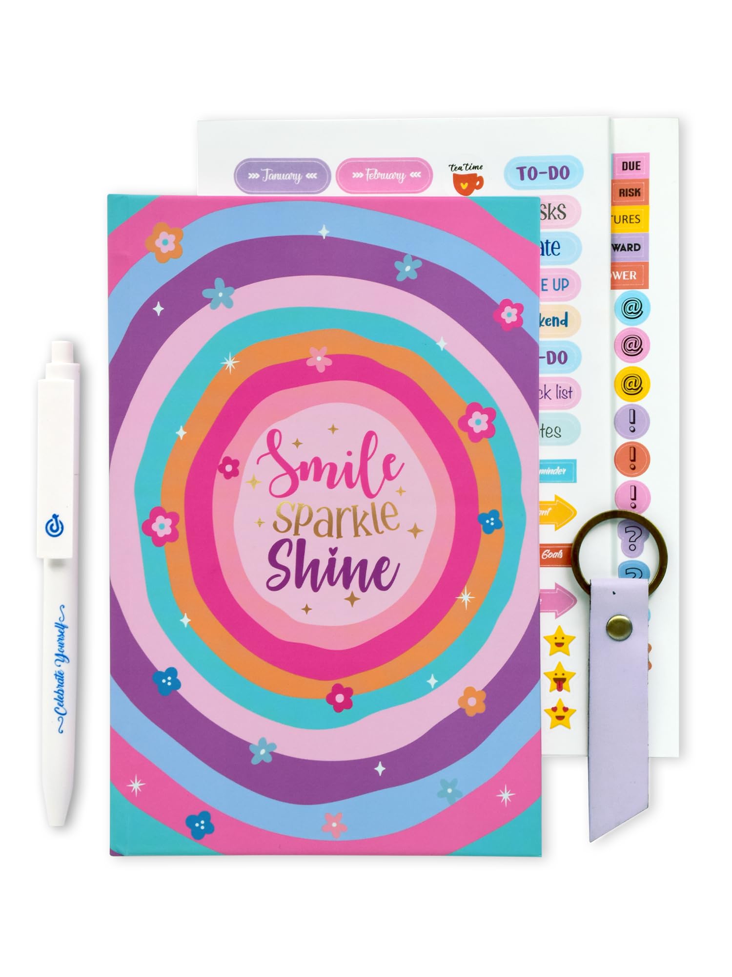 Doodle A5 Planner Kit - Start Anytime of the Year Planner | 216 Pages, 12 Months | 16 Activity Pages | 1 Pen | 1 Keychain | 180+ Stickers | 4 Notecards | 4 Quote Cards | Gift Set (Joyful Sparkle)