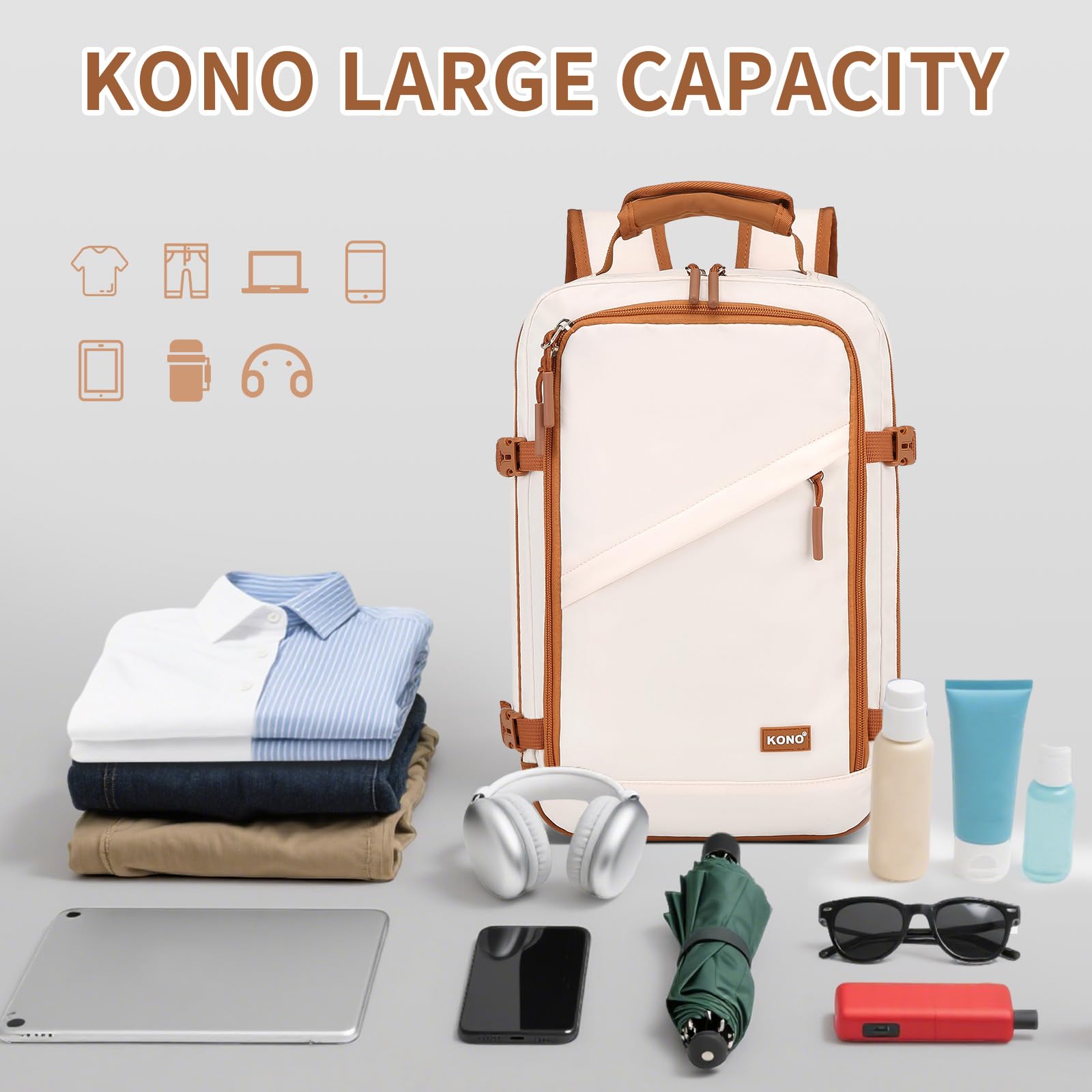 Kono Ryanair Cabin Bags 40x30x20 40x20x25 Underseat Bags Travel Backpack Cabin Size Carry-ons Hand Luggage Bag Waterproof Ryanair Underseat Backpack for Man&Woman Beige — view 6