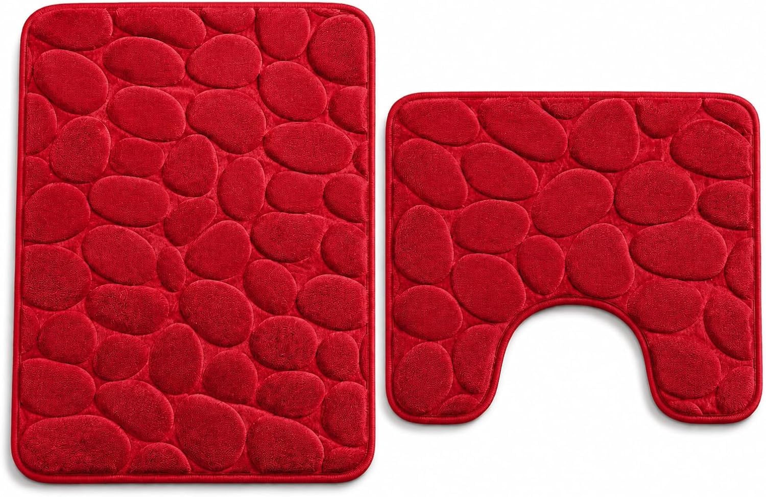 NIGHTZONE Pebble Stone Bath Mat Set Non Slip Pedestal Set Extra Absorbent 100% Memory Foam Bathroom Toilet Rug Set (Red)