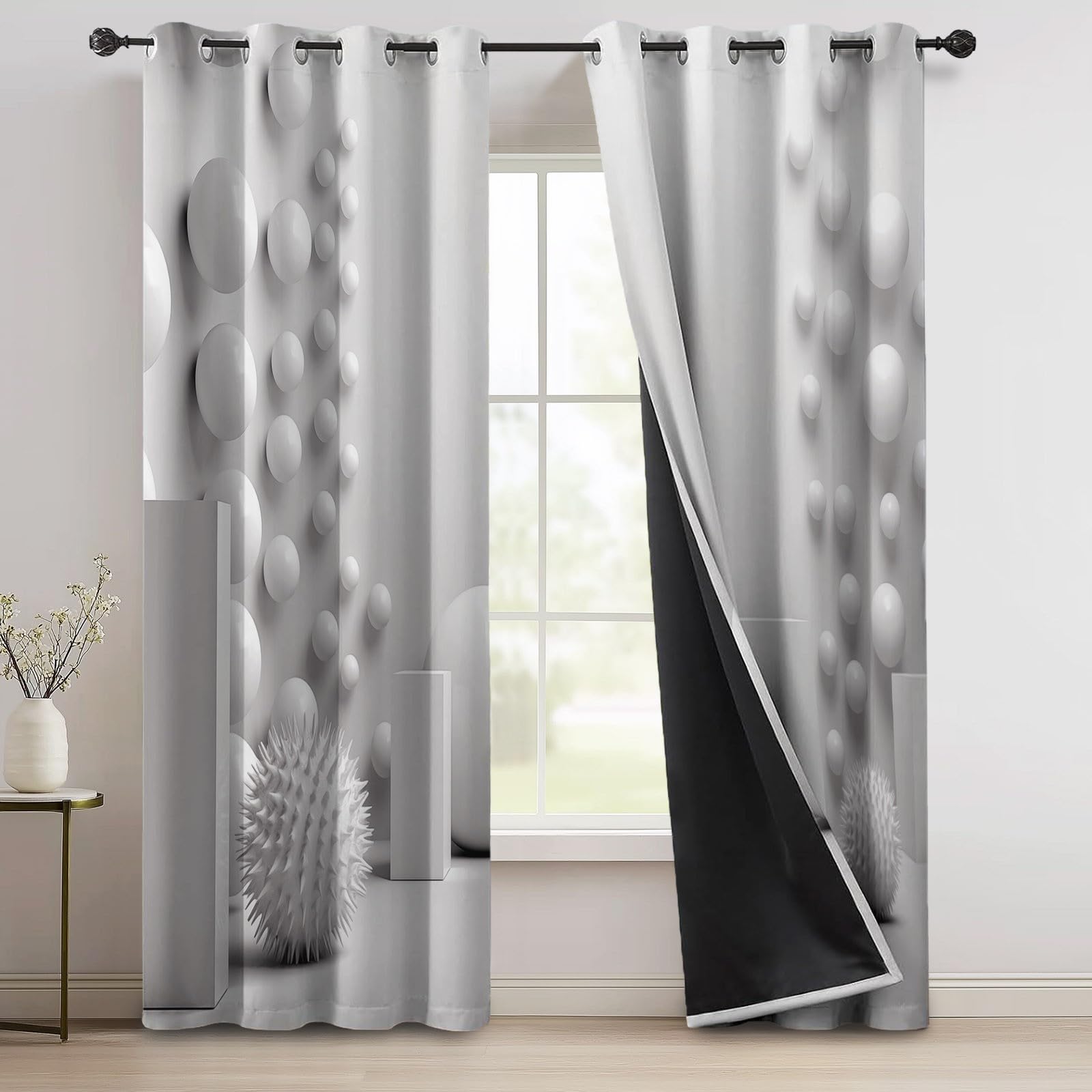 Rideaux Isolants 110L X 215H cm (2 Panneaux), Motifs Minimalisme Moderne Géométrie 3D, Tenture Opaque Gris Clair pour Grande Chambre Blanc