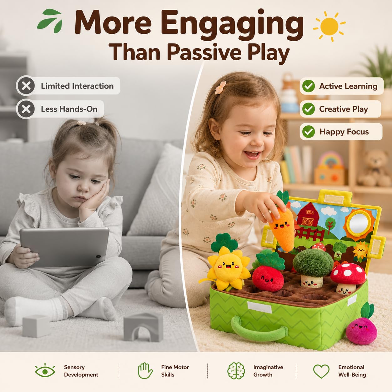 Sensorik Spielzeug Baby, Bauernhof Spielzeug mit Obst und Gemüse, Baby Spielzeug 1 Jahr, Vielseitiges Sinnespflege-Set mit Rassel und Spiegel, für Geburt, den Ersten Erkundungsspaß