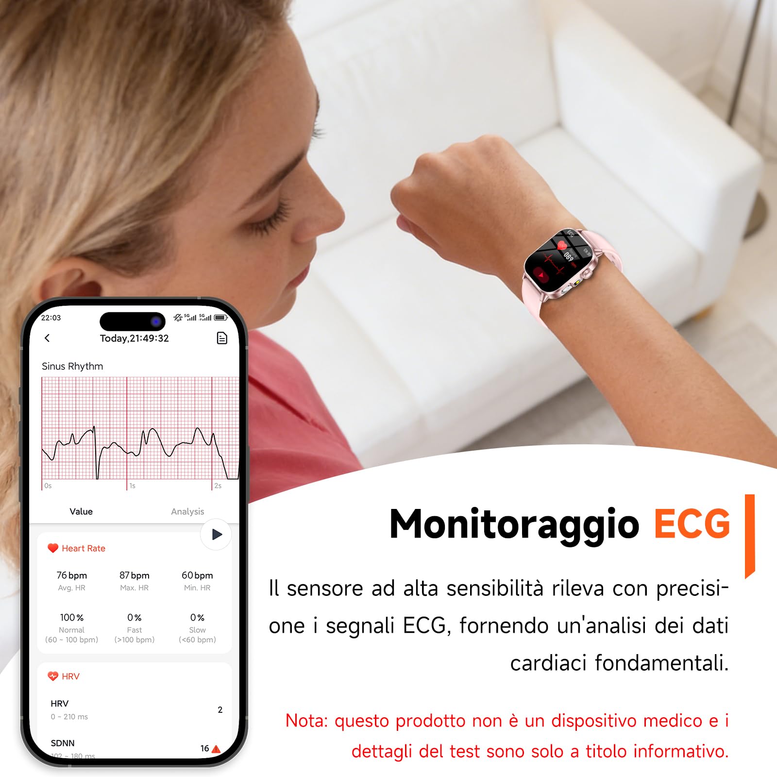 2026 Nuovo Smartwatch Donna con ECG/Pressione Sanguigna/Sonno/Acido Urico/Temperatura/HRV/Cardiofrequenzimetro/BMI/Emozioni/Fatica, 2,0"Orologio Salutare con Torcia LED/Funzione Telefono/Pulsante SOS