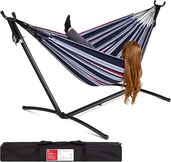 Best Choice Products Double Hammock with Steel Stand, Indoor Outdoor Brazilian-Style Cotton Bed w/Carrying Bag, 2-Person