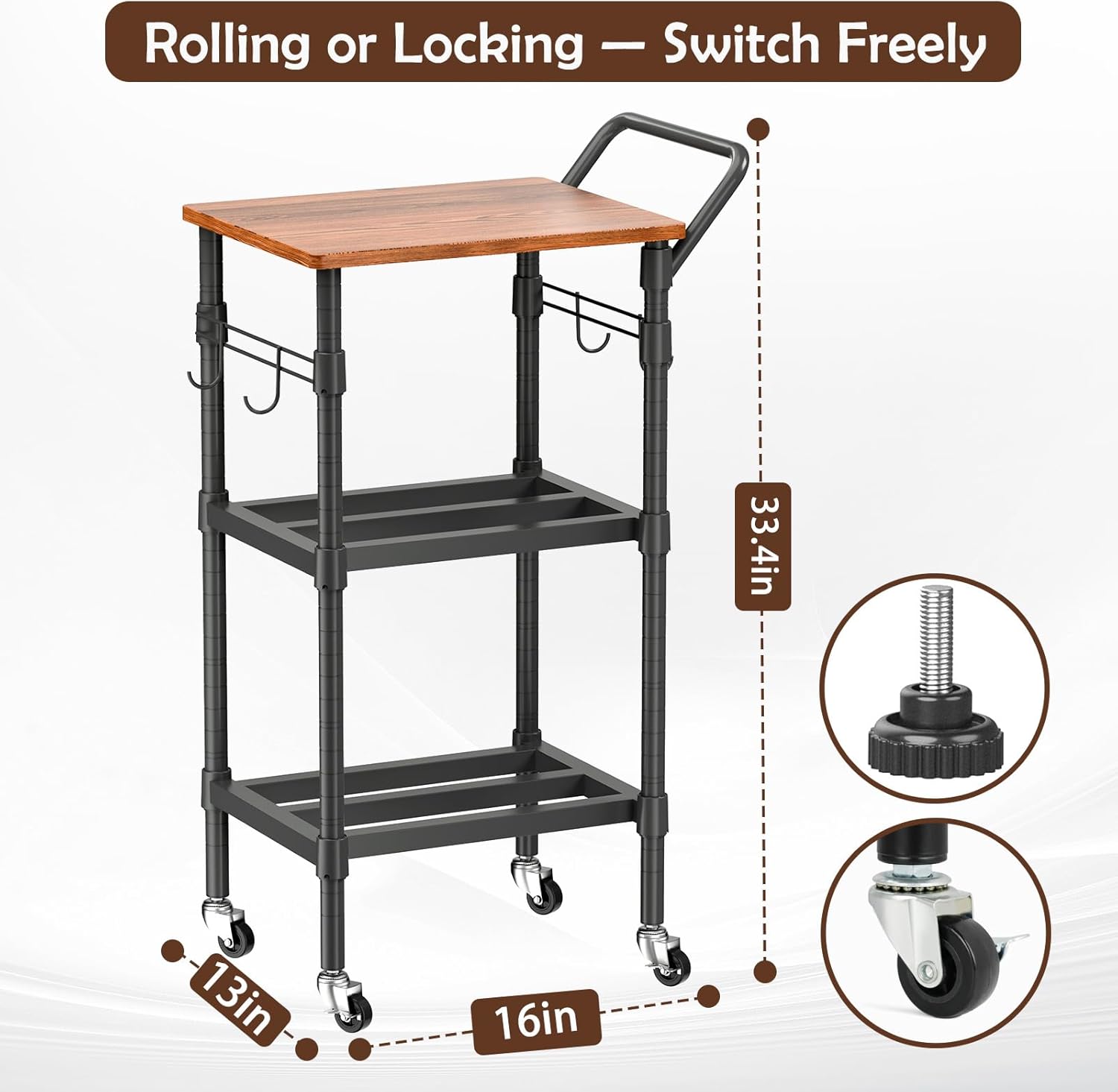 Small Kitchen Cart Adjustable-Height, 3-Tier Rolling Storage Organizer - Thick Shelves, Heavy-Duty Metal Frame & Wood Top, Handle Bar, for Kitchen, Office, Garage, 33.4"x13"x16"