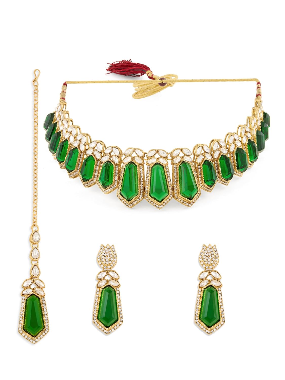 ZAVERI PEARLS Green Dazzling Statement Stones Austrian Diamonds Choker Necklace Earring & Maangtikka Set For Women-ZPFK21787