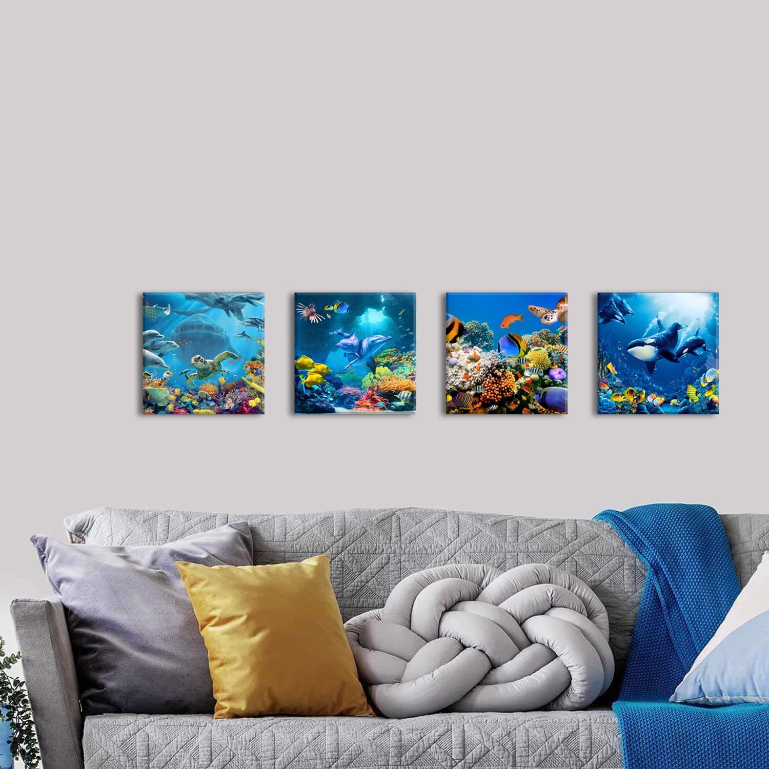 Dolphin Wall Art Bathroom Ocean Animal Pictures Sea Turtle Fish Whale Wall Decor Blue Undersea World Coral Reef Landscape Canvas Prints Nautical Painting Coastal Posters Artwork Decoration 12x12” 4Pcs