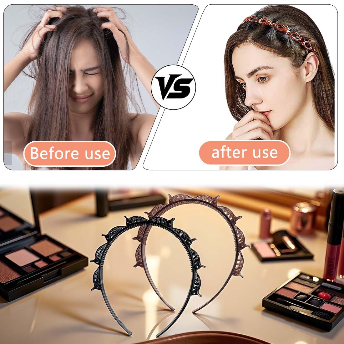 2 Pcs Cerchietti Per Capelli Con Fermagli Cerchietto A Forcina Fermagli Per Capelli Intrecciati Doppia Frangia Forcine Per Acconciatura(Nero,Marrone Scuro)
