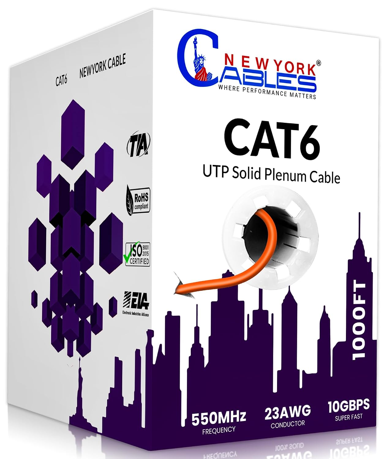 NewYork Cables | CAT6 Plenum Cable 1000ft | UTP, 550MHz, 23AWG, 4Pair 10GB | Most Certified CMP-Rated Fire-Resistant Bulk Cat 6 Ethernet Cable for Networking & Gaming (1000ft, Solid Conductor, Orange)