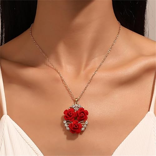 Miniatura 4 de Juego de 3 piezas de joyería de rosas rojas para mujer, collar con colgante de flor de rosa delicada vintage, pulsera de flores rojas, aretes