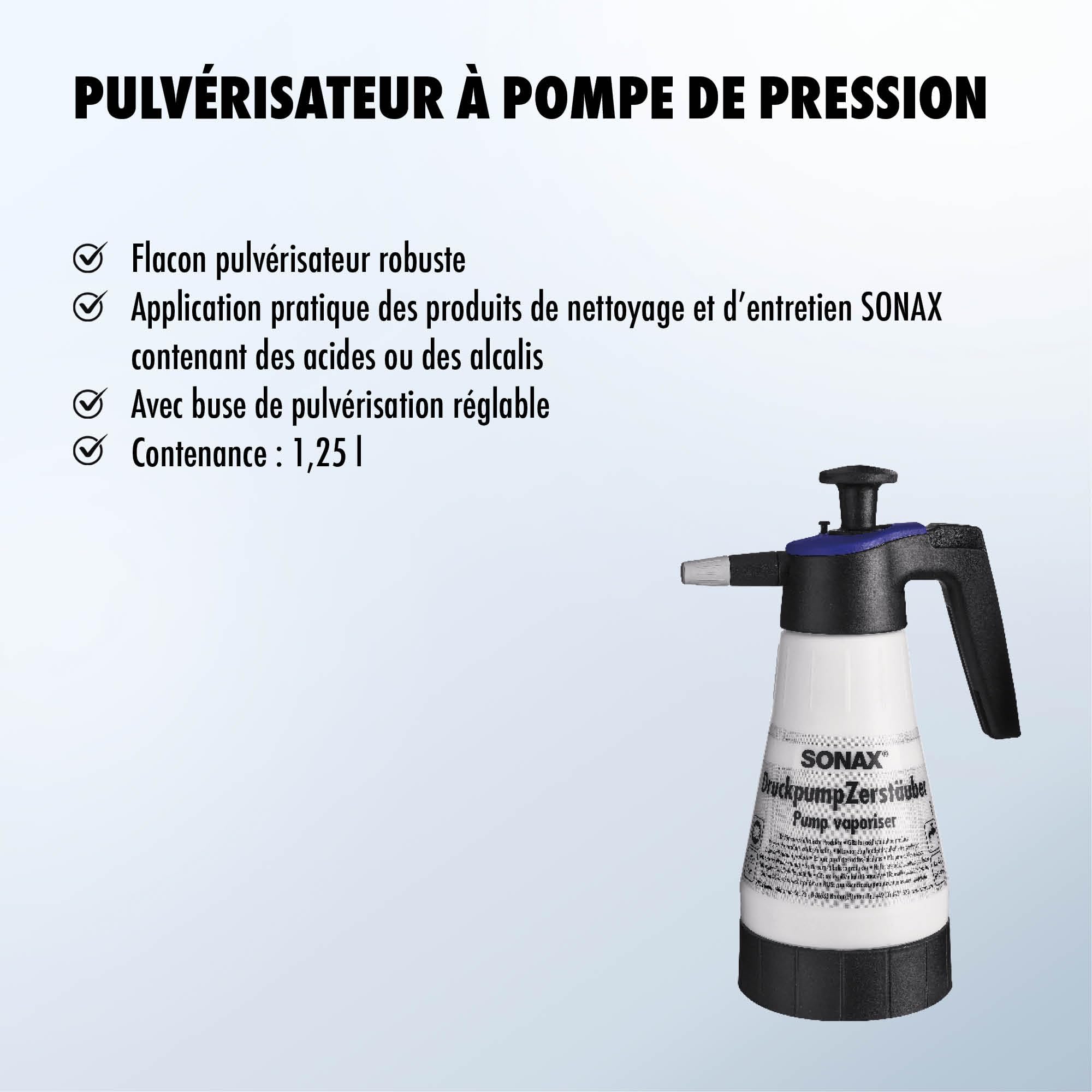 SONAX Pulvérisateur à pompe de pression (1,25 litres) pour produits de nettoyage acides et alcalins avec buse réglable | Réf: 04969410