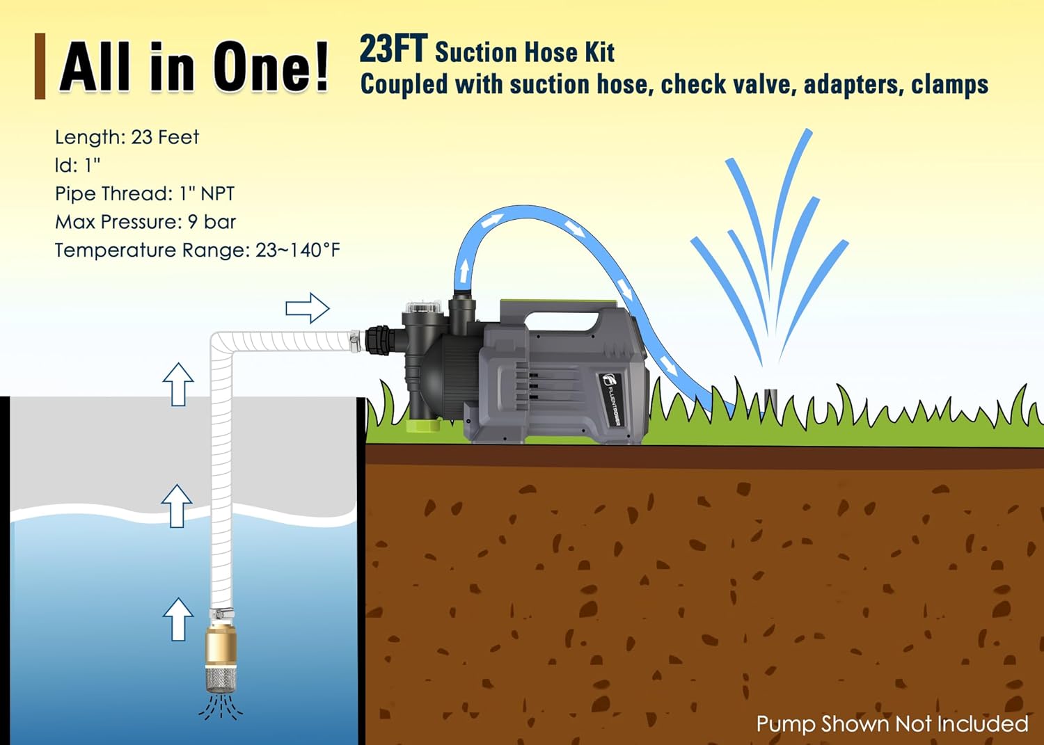 FLUENTPOWER 23FT x 1" Suction Hose Kit with Brass Fitting Check Valve and NPT 1" Thread, Water Intake Hose Set, Aspiration Hose for Well Shallow Sprinkler Garden Booster Pump, White