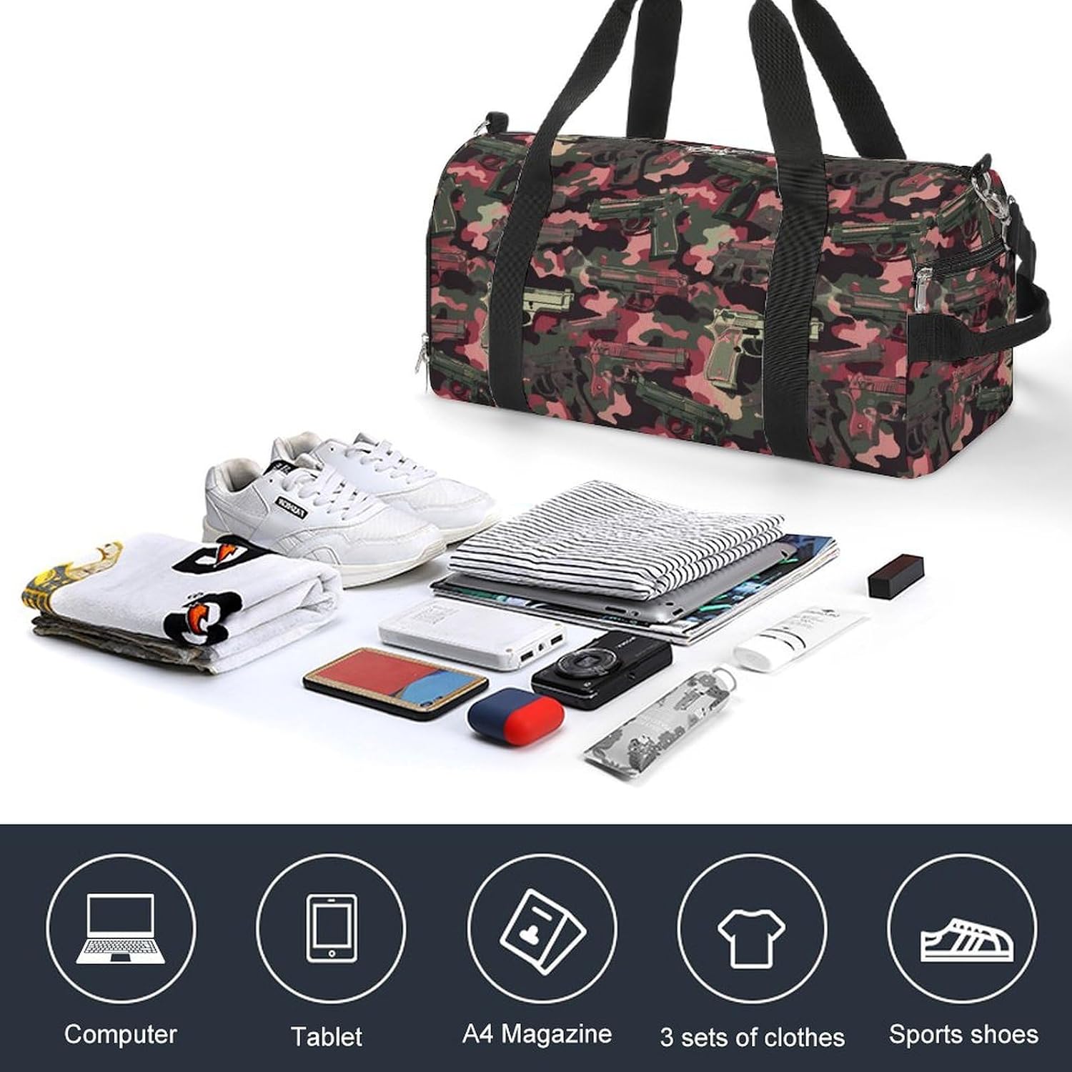 Camouflage Gun1 Printed Gym Bag Lightweight Duffel Bags Luggage Handbags for Travel Sports