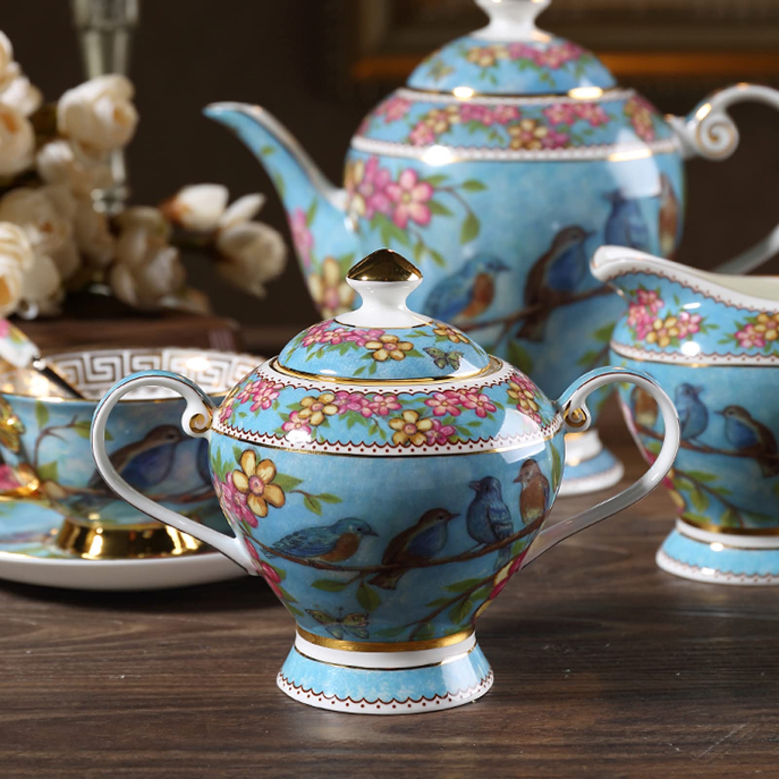 Zestaw Do Herbaty 21 Elementów, Zestaw Filiżanek Do Kawy, Zestaw Prezentowy Z Filiżanką I Spodkiem Z Porcelany Kostnej, Puszka Na Cukier, Puszka Na Mleko, Łyżeczka, Styl Rustykalny
