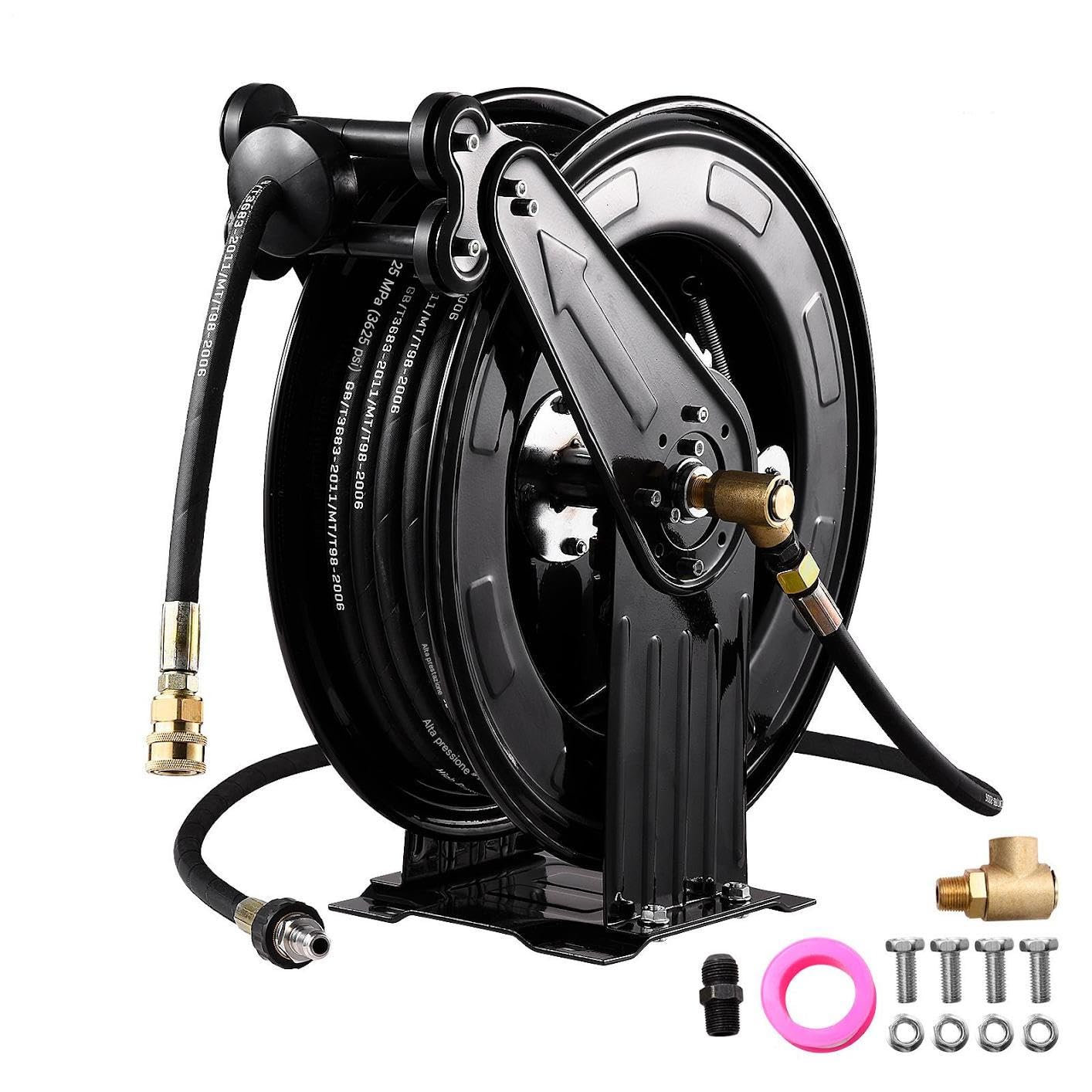 Avvolgitubo retrattile per idropulitrice, doppio braccio, riavvolgimento automatico, 15 m x 1,5 cm per acqua/aria/olio, 4000 PSI, robusto avvolgitubo professionale in acciaio per idropulitrice