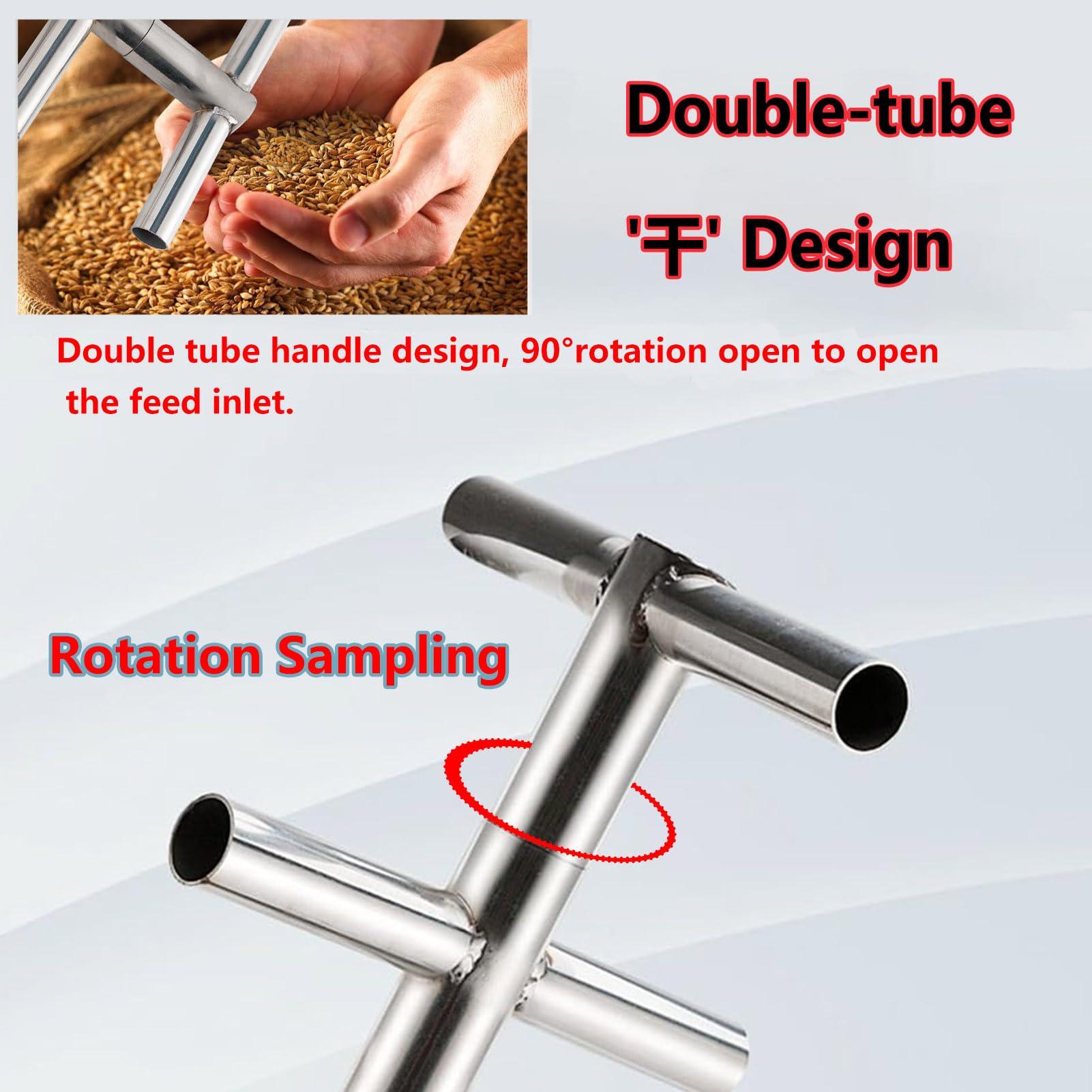 Probenahmegerät für Feststoffe und Getreide, Edelstahl-Getreideprobenehmer-Sonde, Doppelrohr-Rotationsprobenehmer, 3 Zonen, 19–48 mm, 0,5–1,5 m(Φ 19mm*L 0.5m/1.6ft)