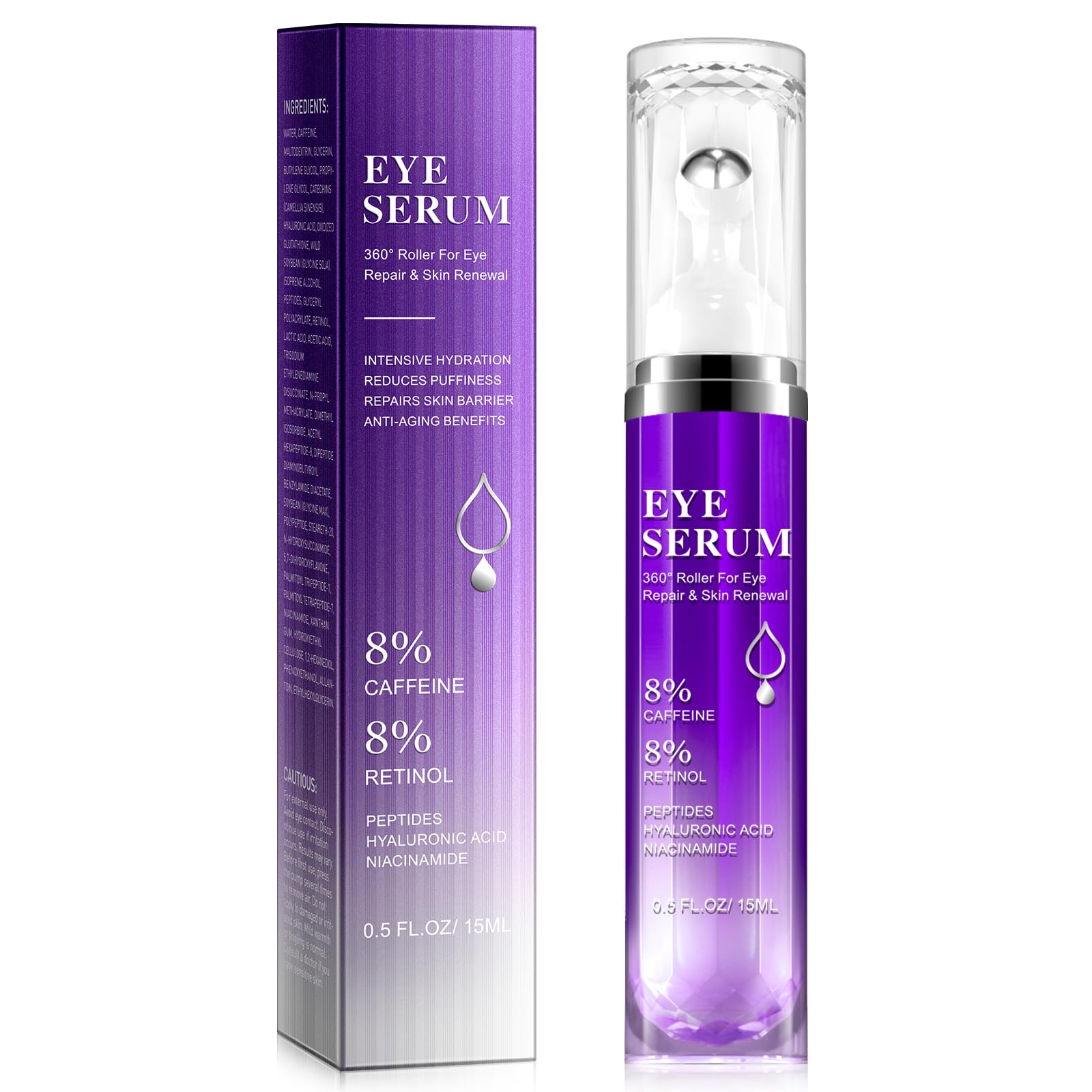 Eye Treatment Serum - 8% Caffeine & Retinol, Hyaluronic Acid, Niacinamide, Peptides - Cream for Dark Circles, Puffy Eyes, Fine Lines - 360° Eye Roller
