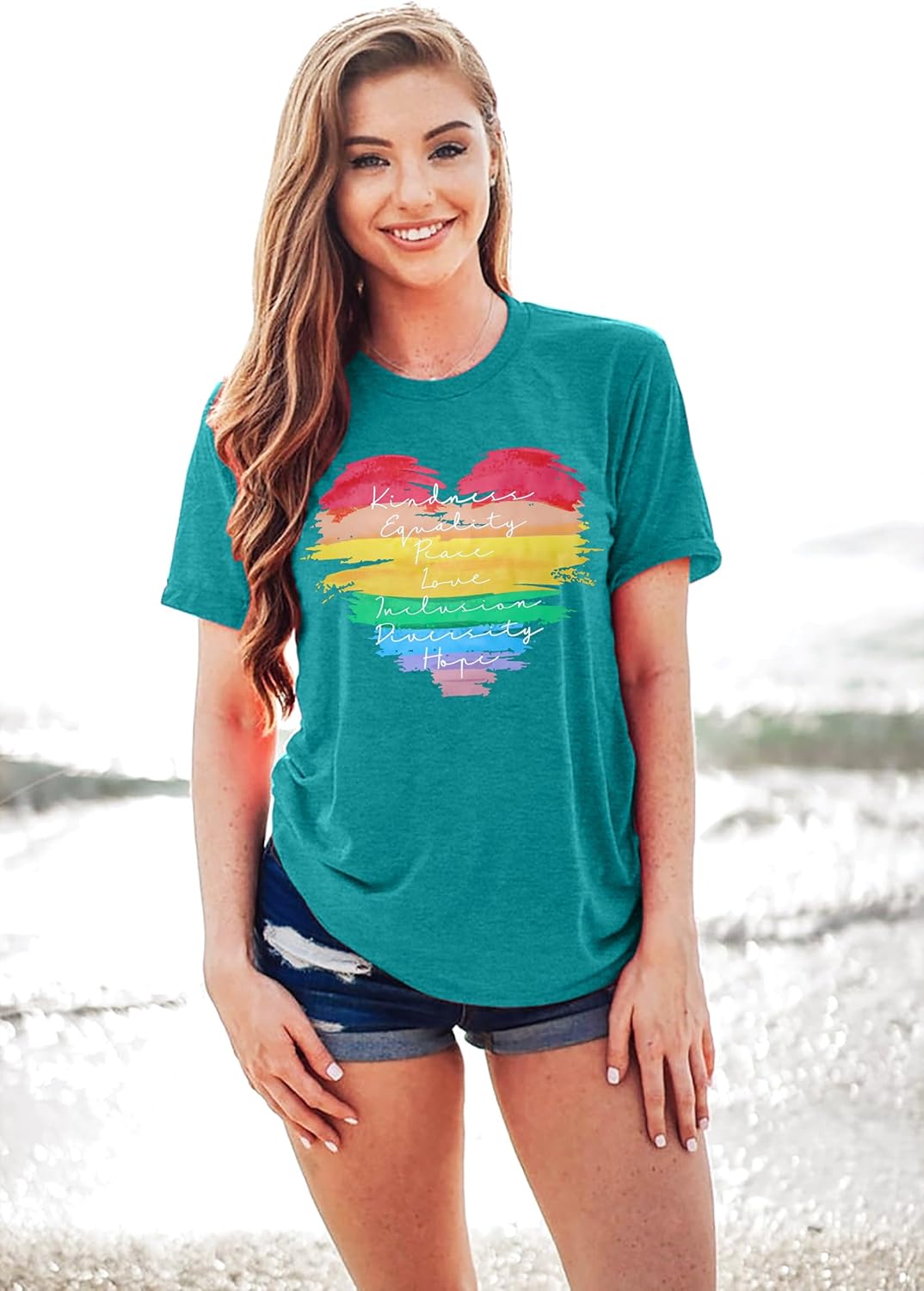 Pride Shirts for Women Rainbow Heart Print Graphic Shirt LGBTQ Support Short Sleeve Pride Ally Tee Tops