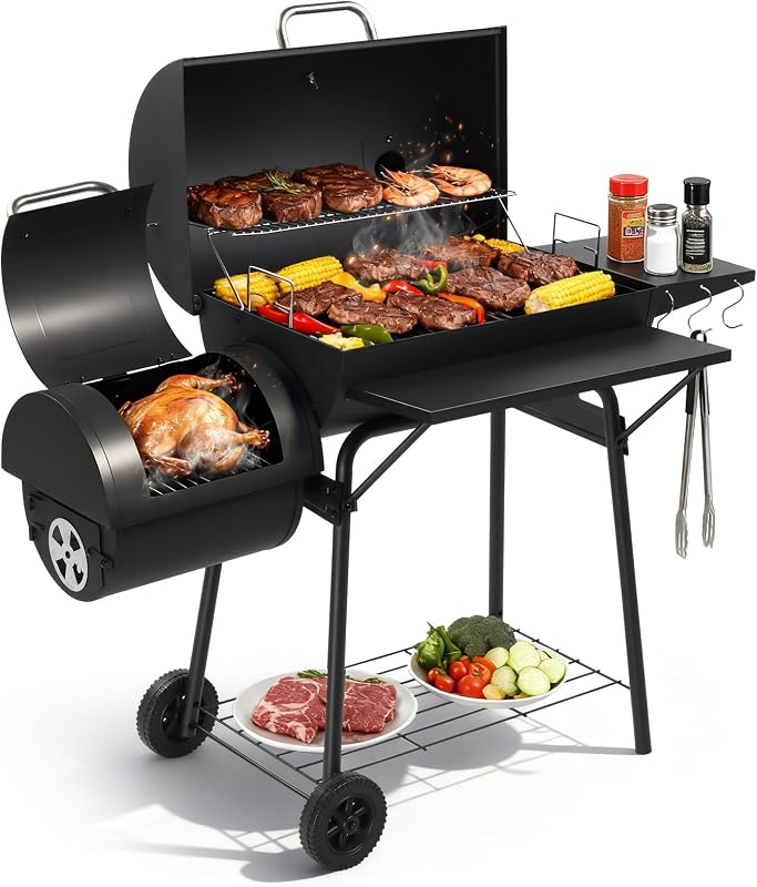 VINGLI Parrilla de carbón de barril con ahumador compensado, malla de carbono de elevación incorporada, gran parrilla de carbón para ahumador, combo para patio al aire libre, patio, fiestas de camping, 52 × 20 × 44 pulgadas