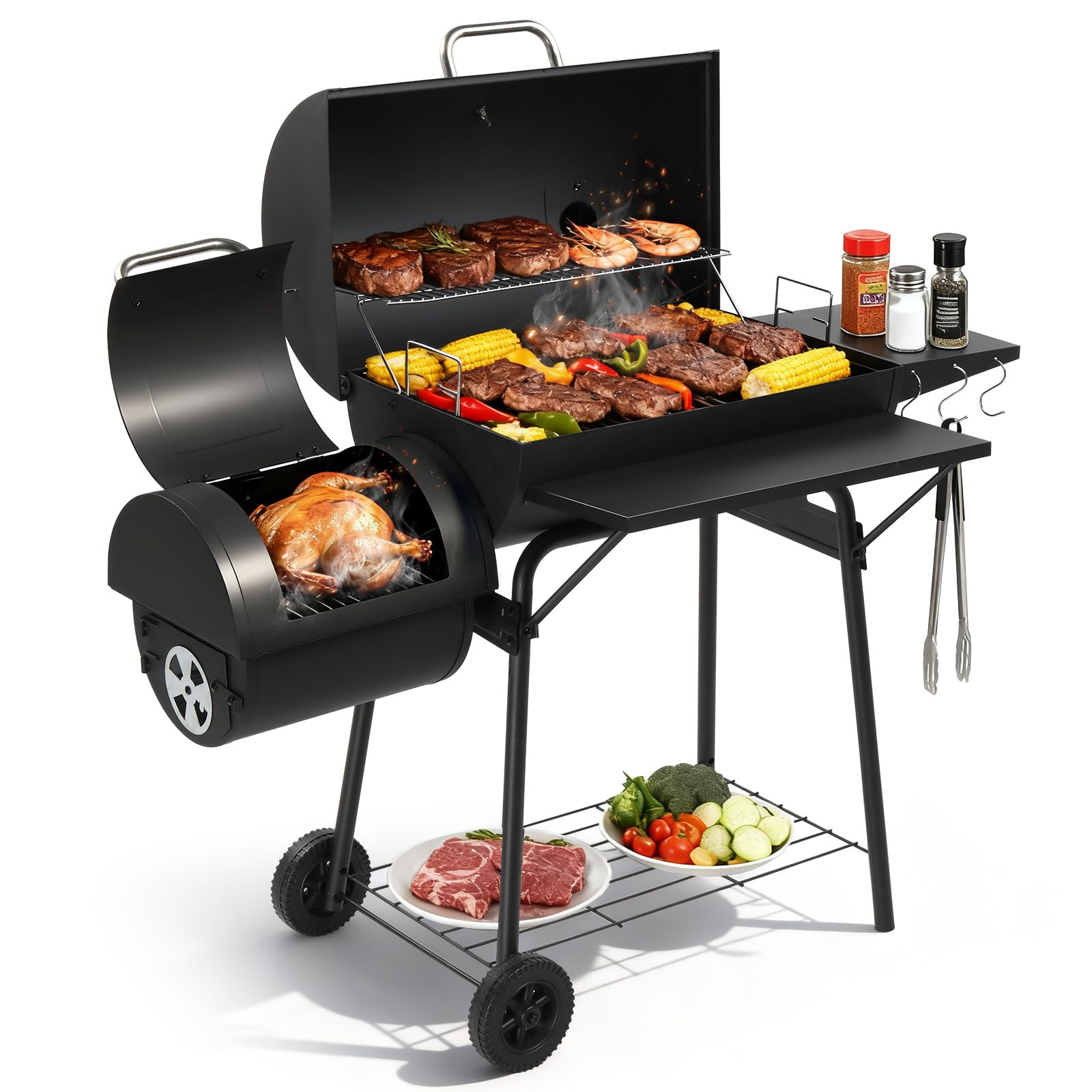 VINGLI Barrel Charcoal Grill with Offset Smoker