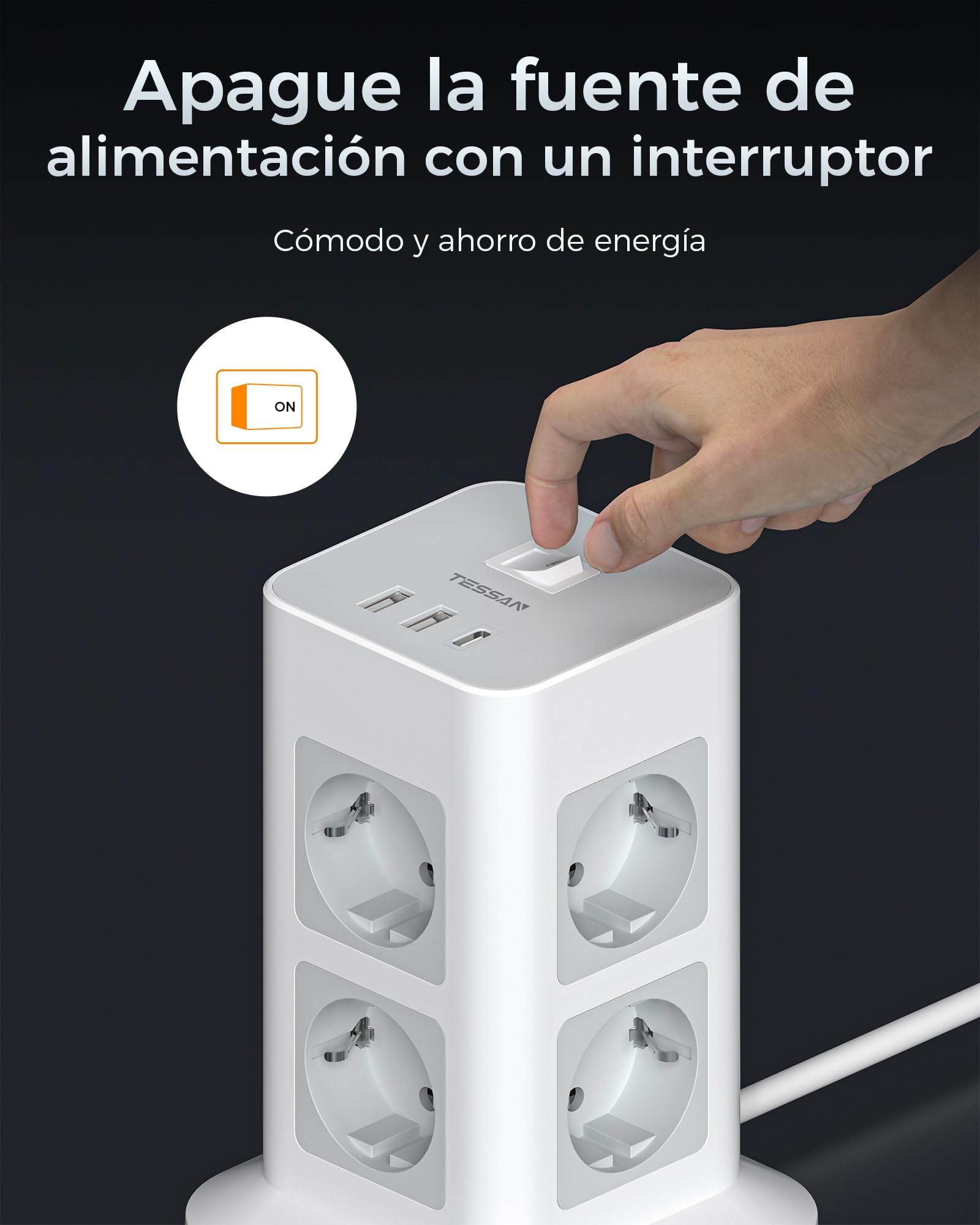 TESSAN Regleta Enchufes 3 Metros con Protección Sobretensione 3600W 16A, Torre Enchufes Vertical con 3USB y 8 Tomas, Regleta Alargador 3 Metros con Interruptor para Mesa, Oficina, Casa, Gris