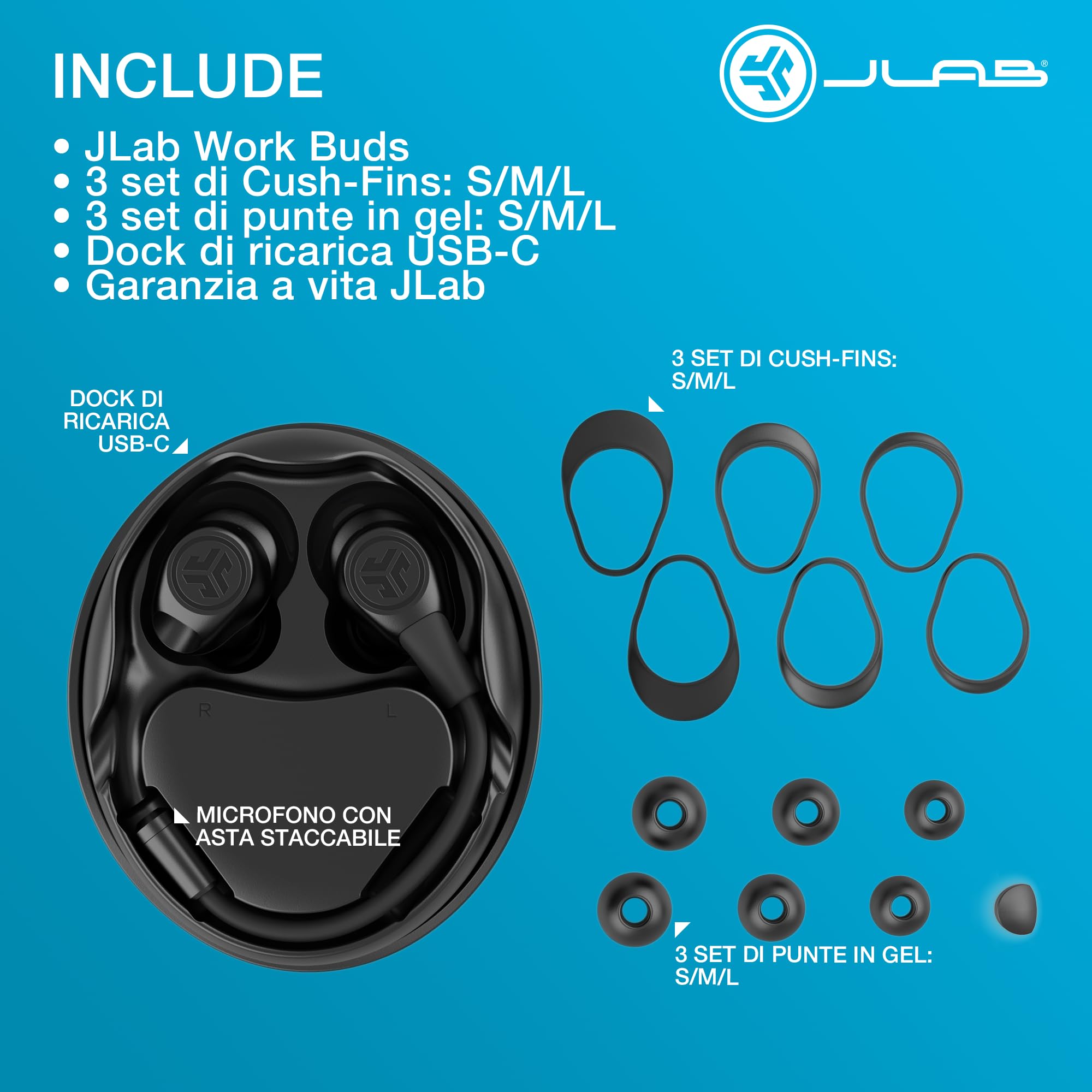 JLab Work Buds Cuffie Bluetooth, Auricolari Bluetooth, Cuffiette Piccole In Ear con Microfono, 55H+ Cuffie Senza Fili, Connessione simultanea a Computer e Telefono Cellulare