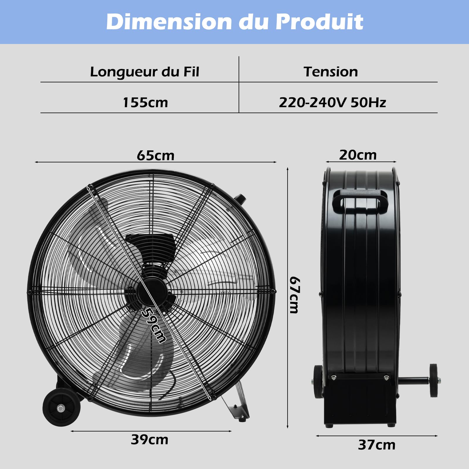 RELAX4LIFE Ventilateur de Sol Industriel 60CM 180W, Ventilateur à Tambour 3 Vitesses Réglables, Mobile à Poignée et Roulettes, Fort Débit d'Air pour Garage, Usine, Magasin (Noir)