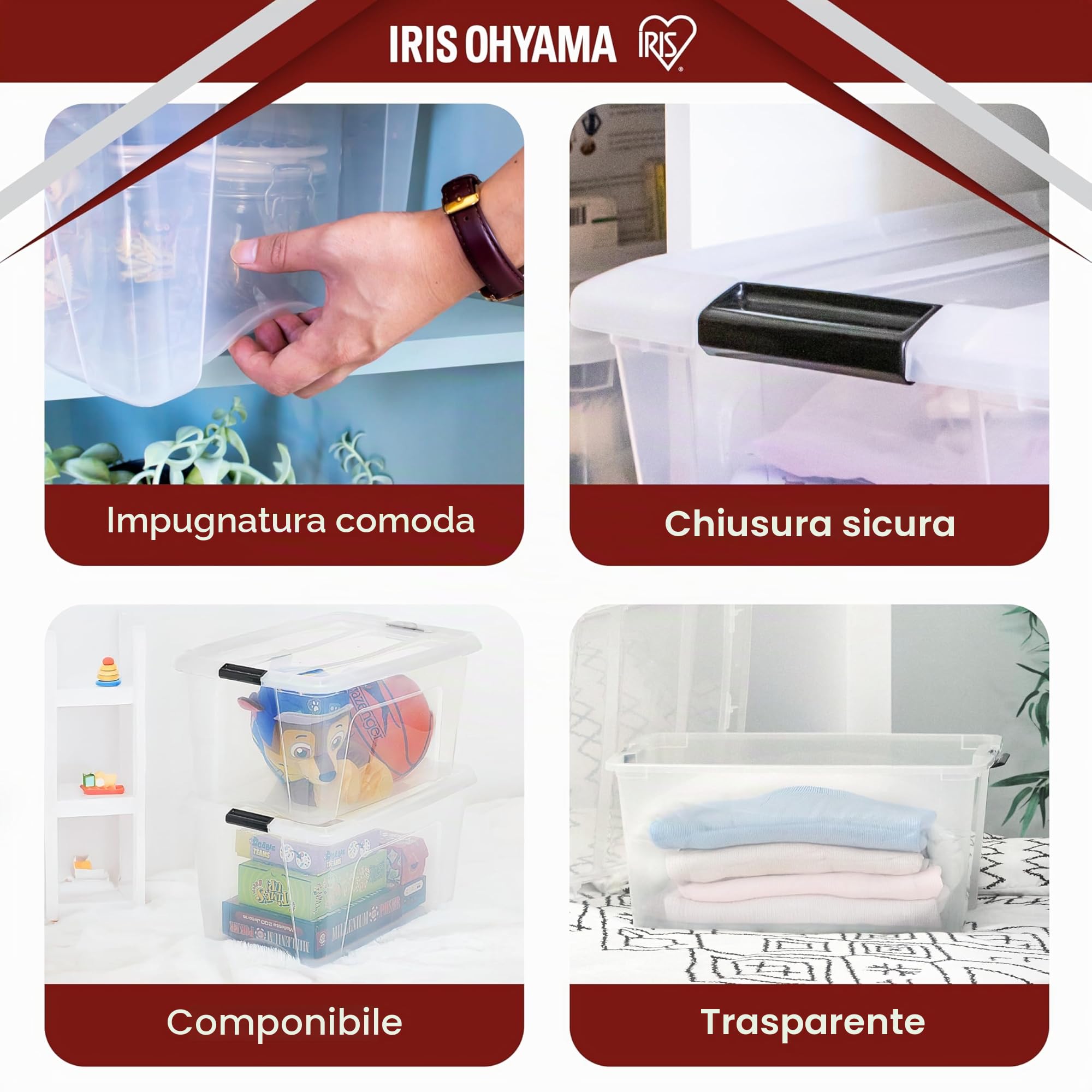 Iris Ohyama, Scatola portaoggetti in plastica con coperchio, 45 l, confezione da 3, trasparente, clip di chiusura, maniglia, impilabile, per camera da letto, cabina armadio, ufficio, senza BPA