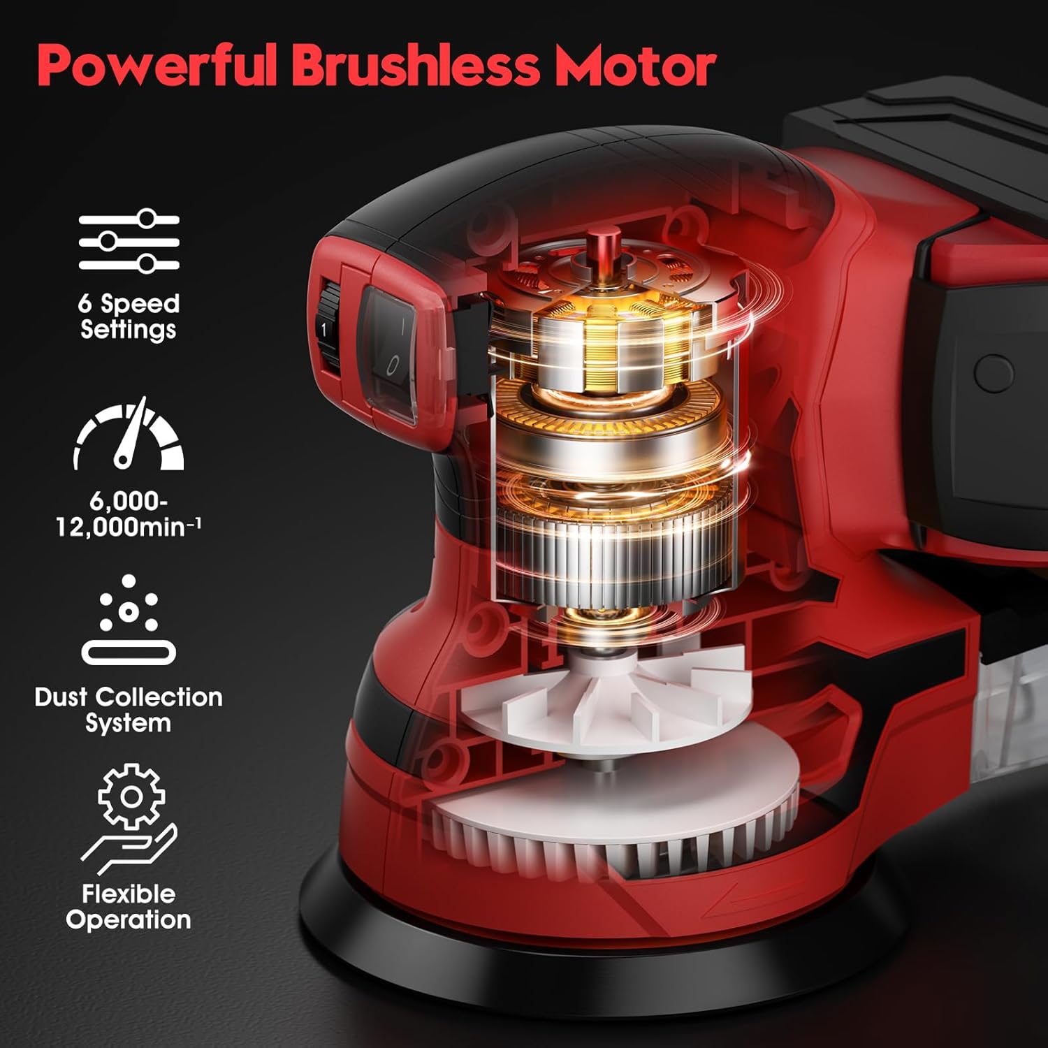Cordless Random Orbital Sander for Milwaukee 18V Battery, Brushless 6-Speed (6000-12000 OPM), 125mm Pad, Dust Collection & 12pcs Sandpapers (#80/#120/#240) (Battery Not Included) (Red)