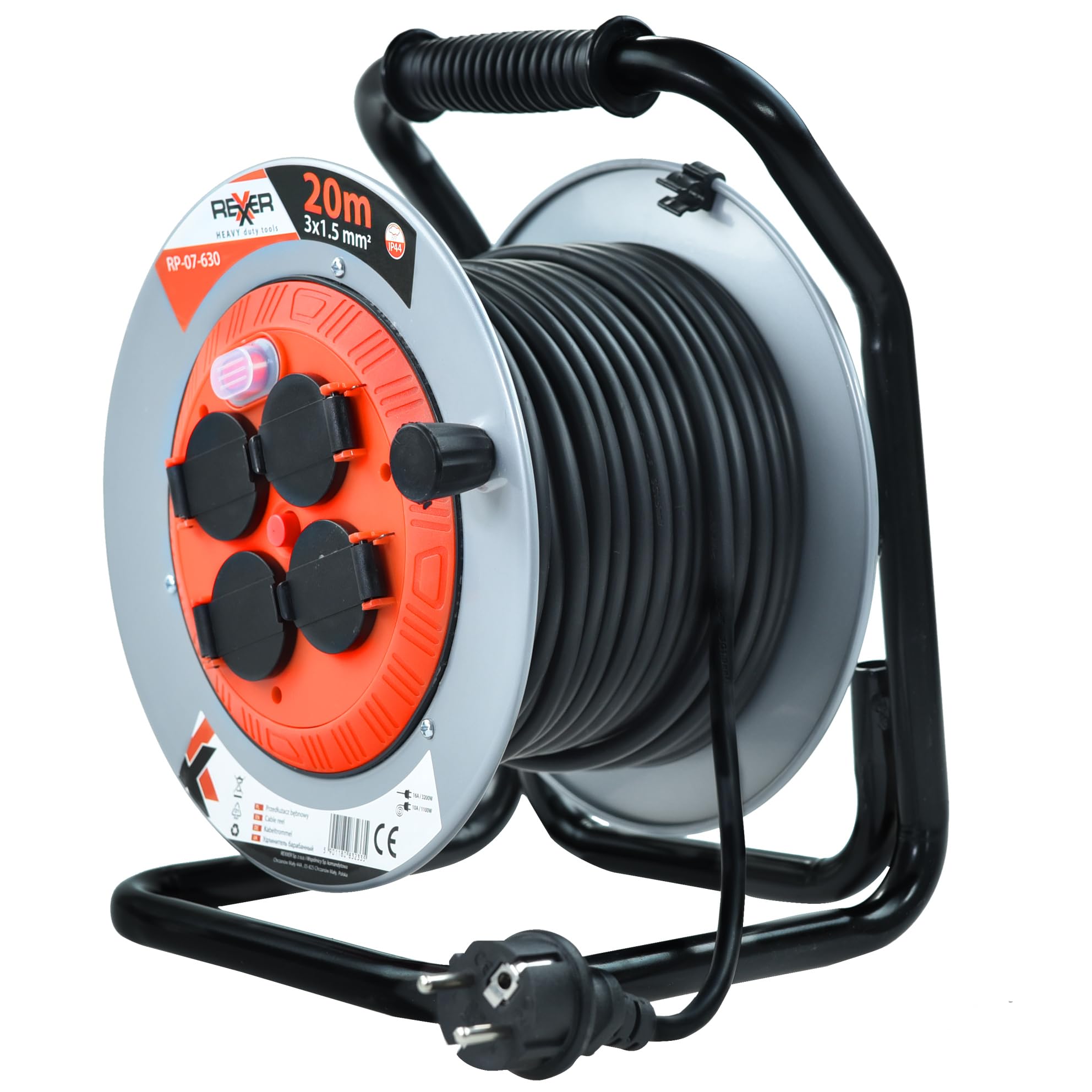 REXXER - Carrete de cable (20 m, metal, IP44, 4 enchufes, tipo E)
