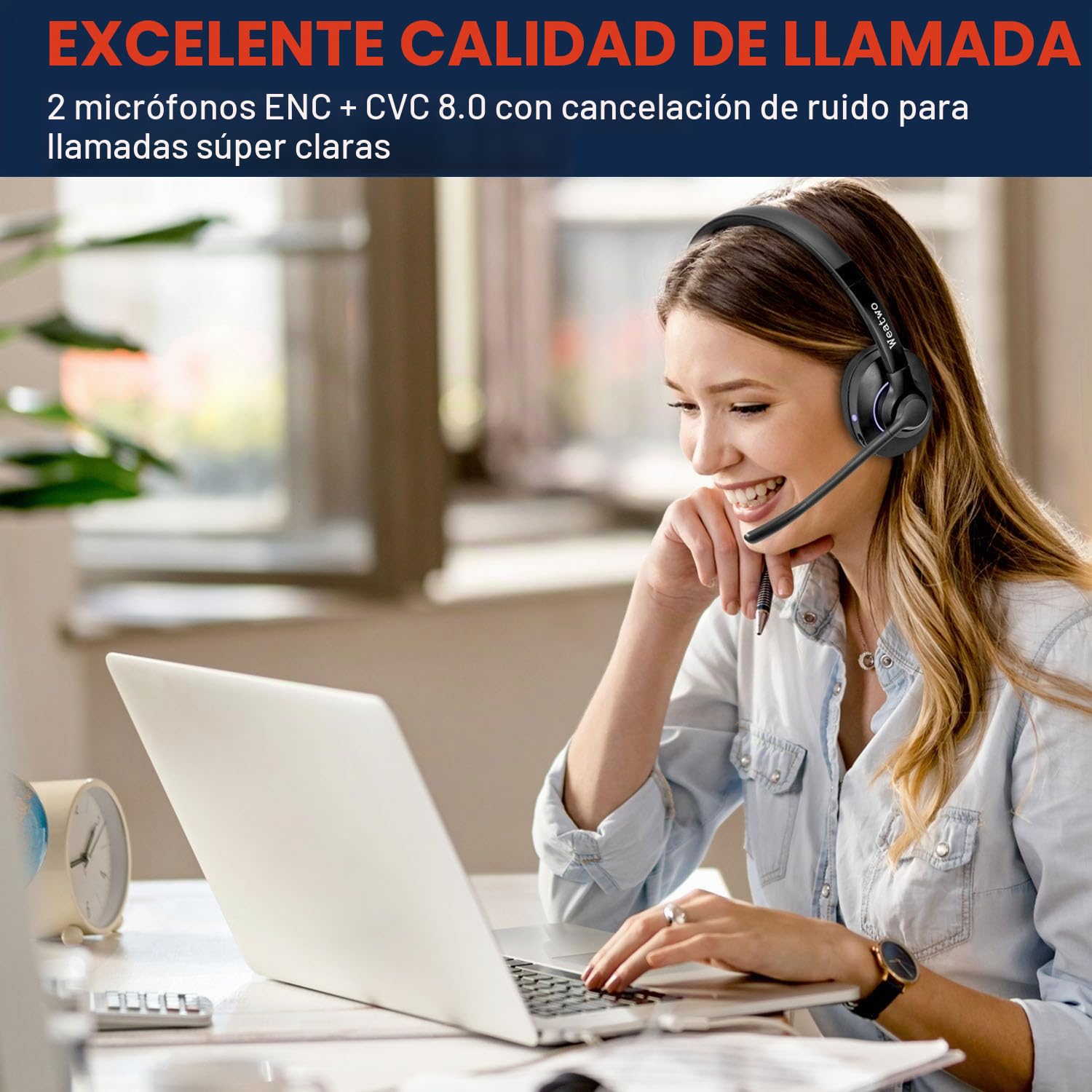 Auriculares Inalámbricos V5.1, Auriculares Bluetooth con Micrófono | Dual CVC8.0, Cascos Inalambricos para Teléfono Móvil PC Teams Oficina Call Center, 30H+ Tiempo de Conversación