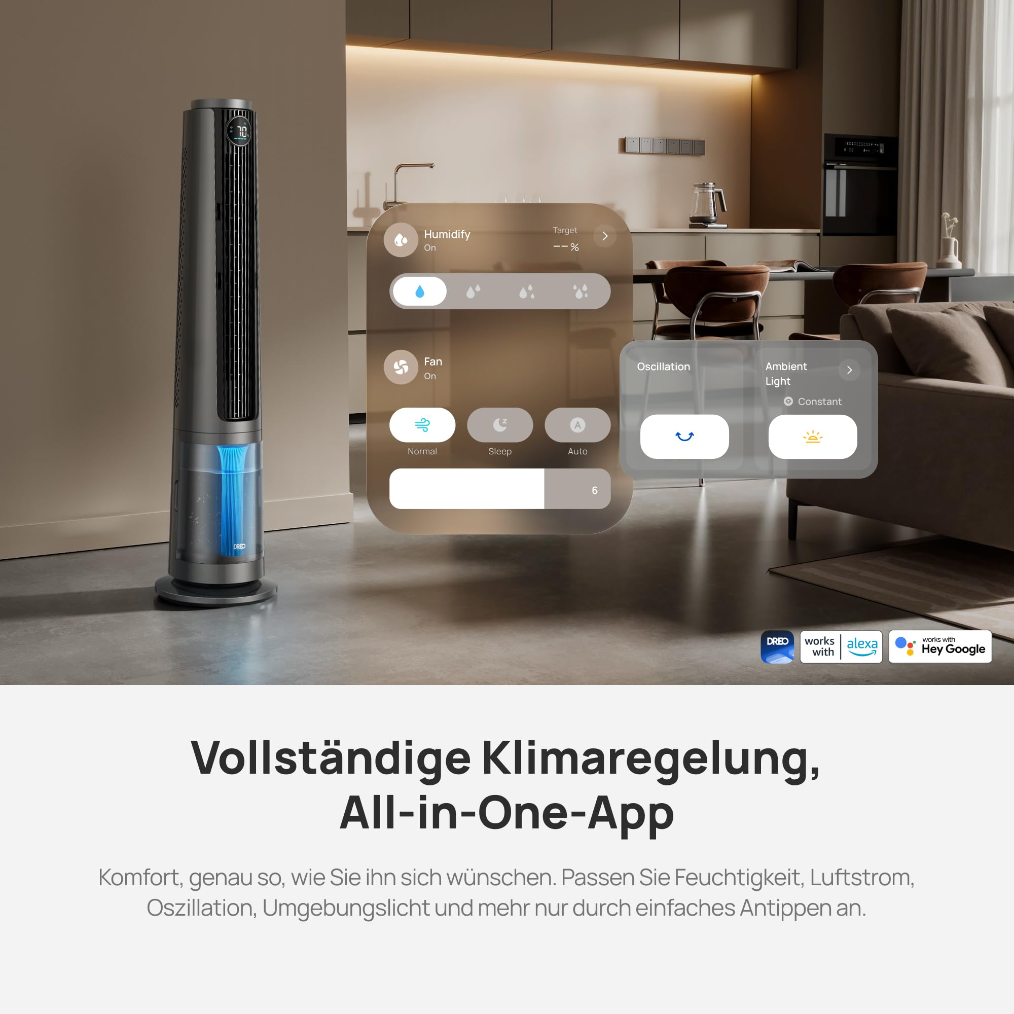 DREO TurboCool Nebelventilator 765S, 3-in-1 Turmventilator mit WLAN & App-Steuerung, 6 L Tank, 10.4 m/s, 20 dB leiser DC-Motor, 90° Oszillation