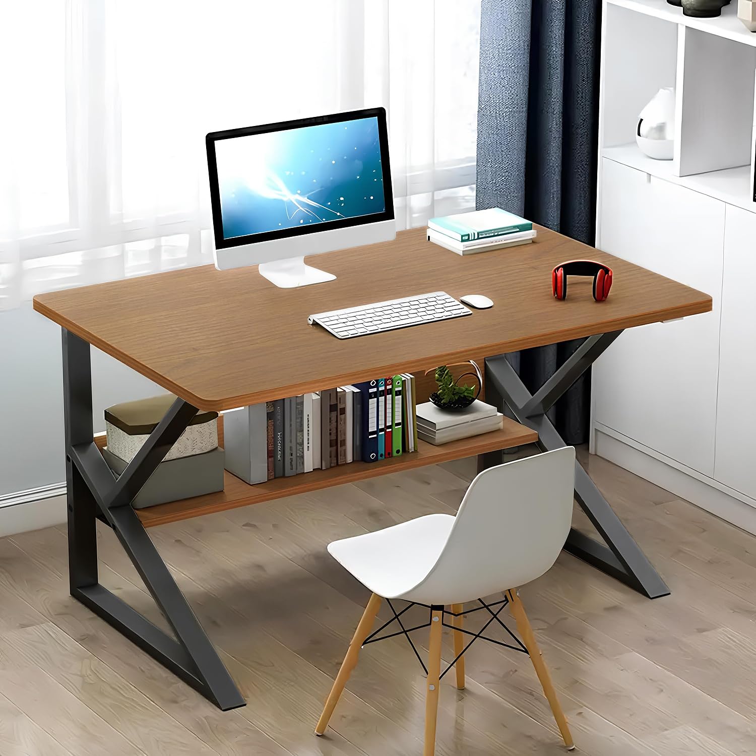 Lukzer Modern Engineered Wood Computer Desk with Built-in Bookshelf, Space-Saving Design, Oak Brown Top & Black Frame, 100x50x78cm (MST-001)