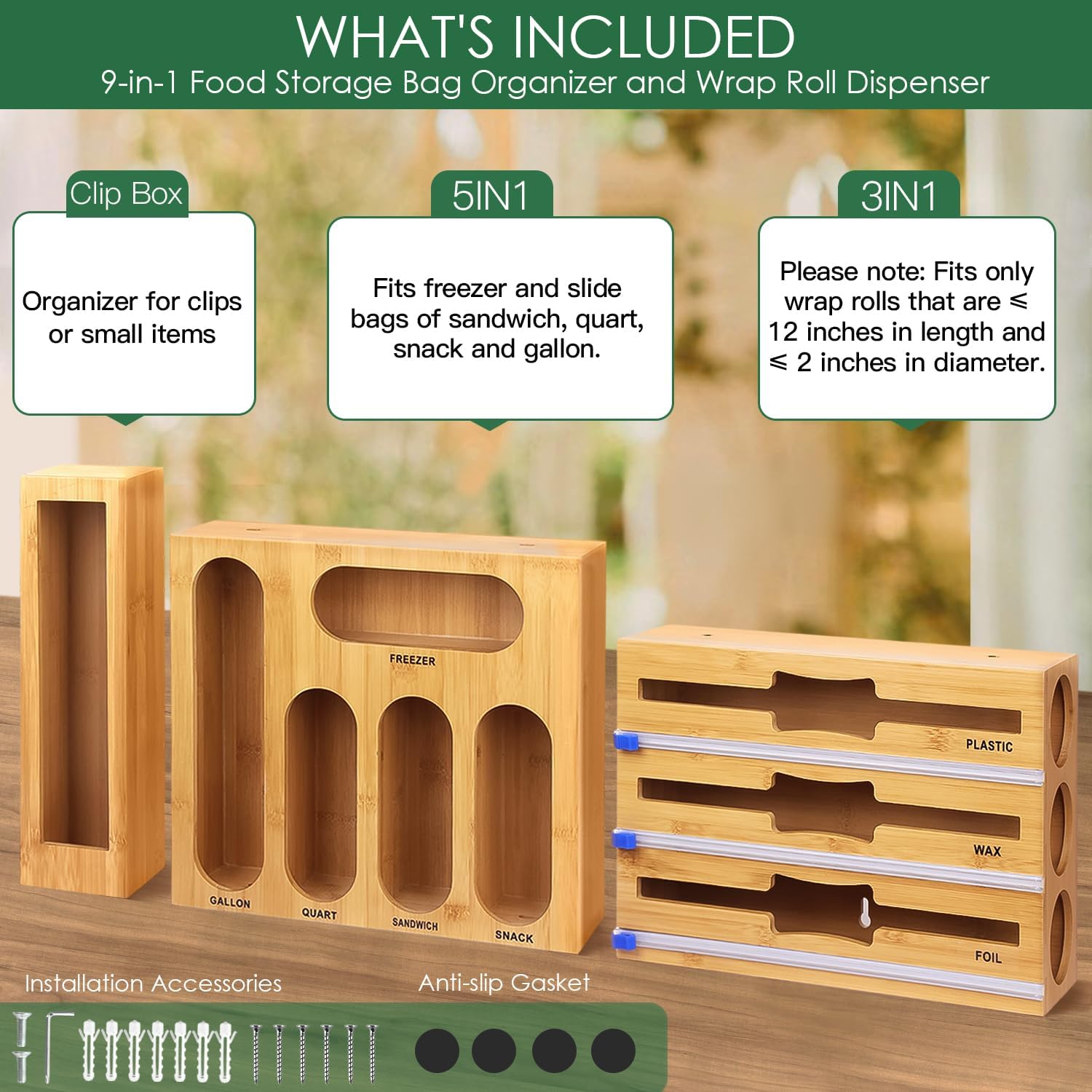 QPIX DIGITAL Storage Bag Organizer for Kitchen Drawer Bamboo Bag Organizer, 9 IN 1 Foil and Plastic Wrap Dispenser with Cutter, Foil Organizer,Compatible with Gallon Quart Sandwich & Snack Bag