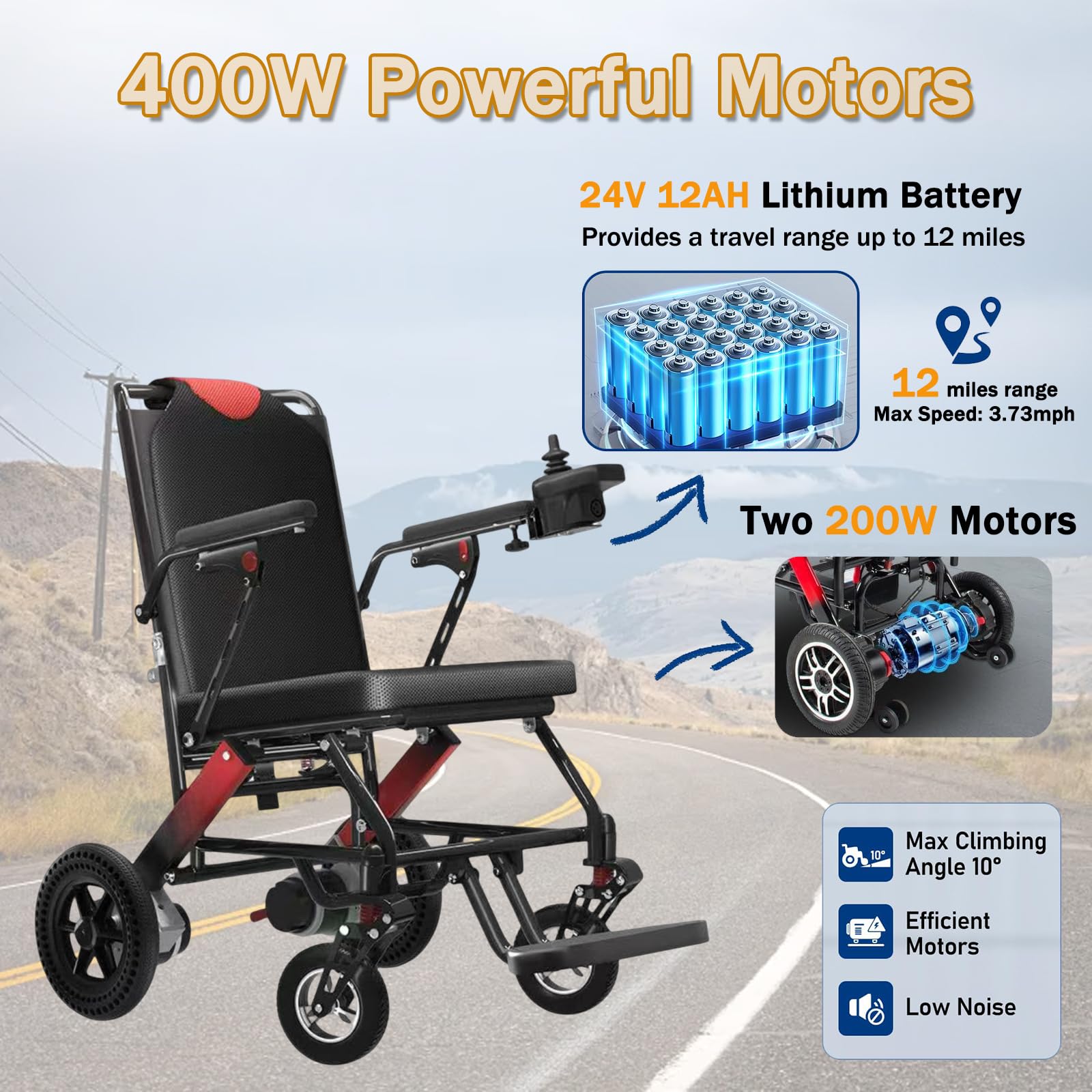 Sillas de ruedas eléctricas ligeras de 12 millas para adultos, silla de ruedas eléctrica compacta y portátil para todo terreno, silla de ruedas motorizada plegable y ligera de 220 lb,One Size