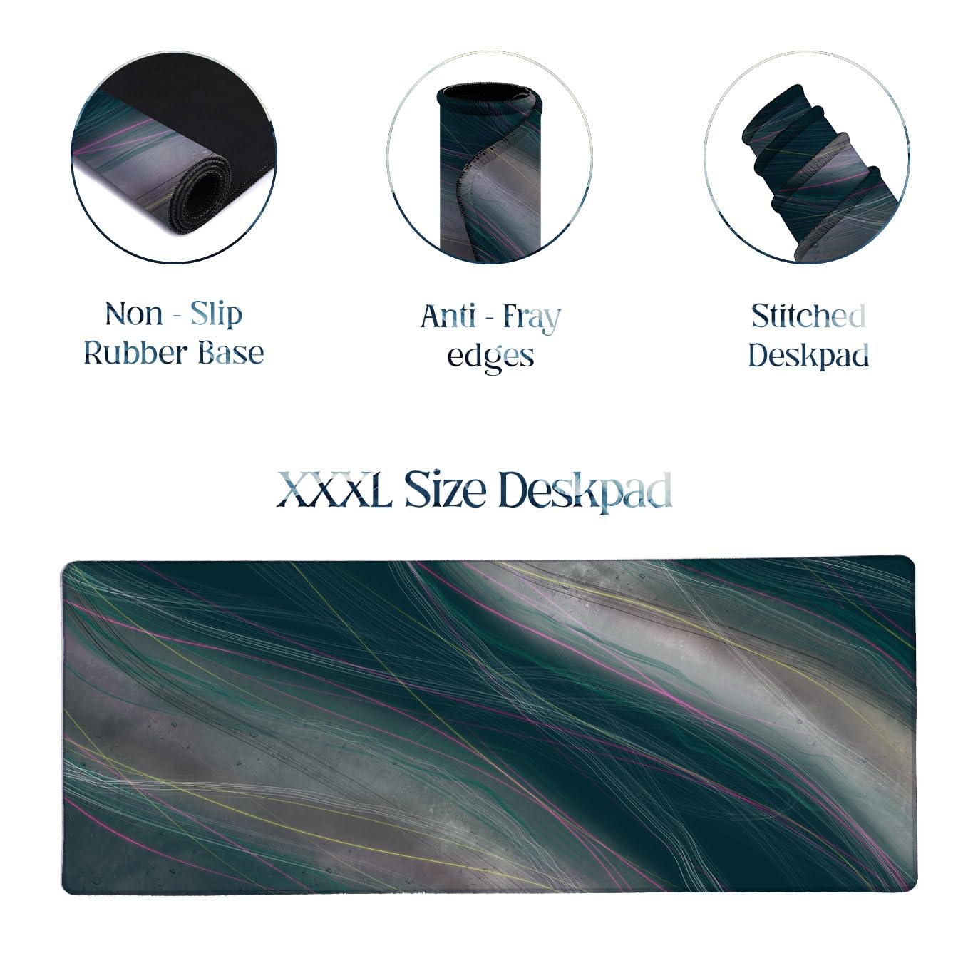 SoulAbiti Teal Pink Light Trails Extended Desk Pad (36x14 Inch) - Cyberpunk Pattern XXL Mouse Pad - Non-Slip Rubber Base & Stitched Edges 2